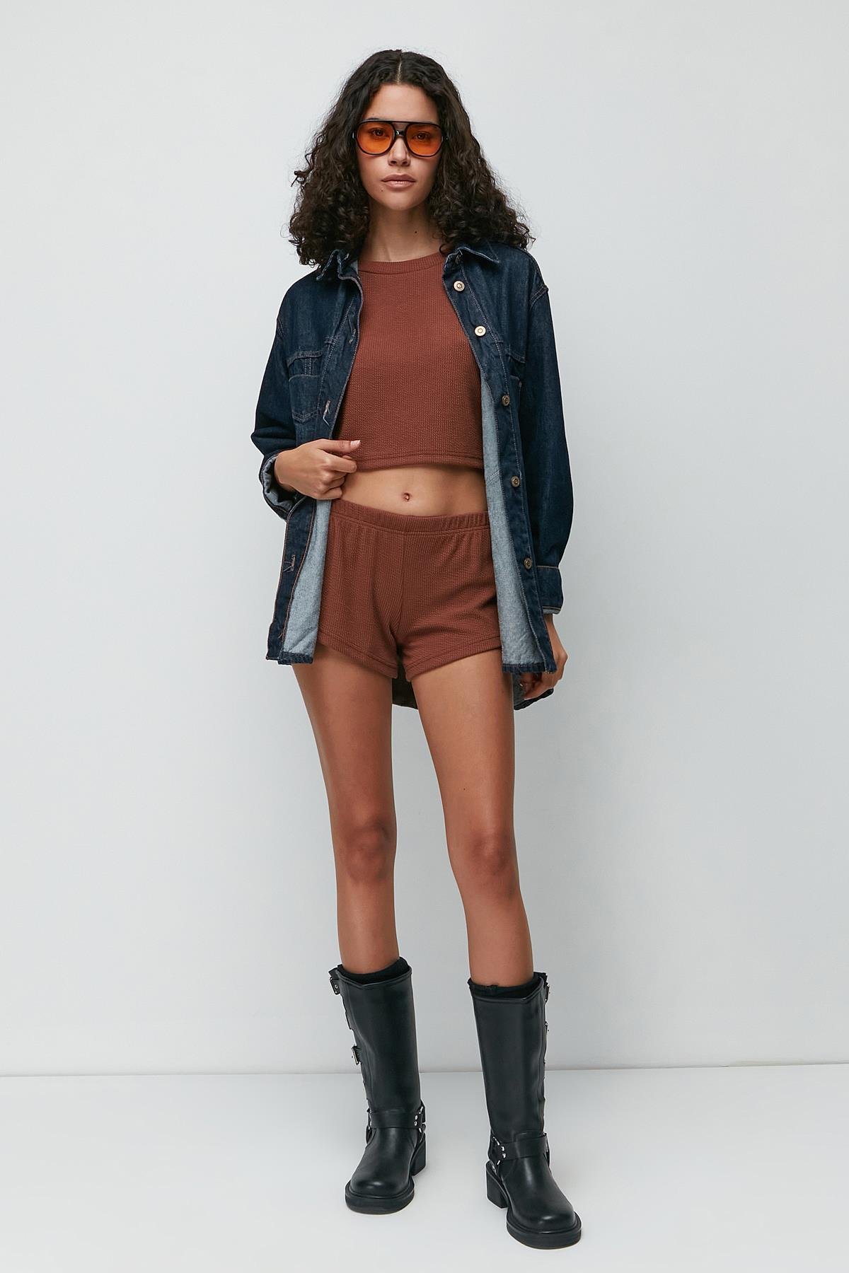 C&City Ribbed Short Sleeve T-Shirt Shorts Set 9137 Brown