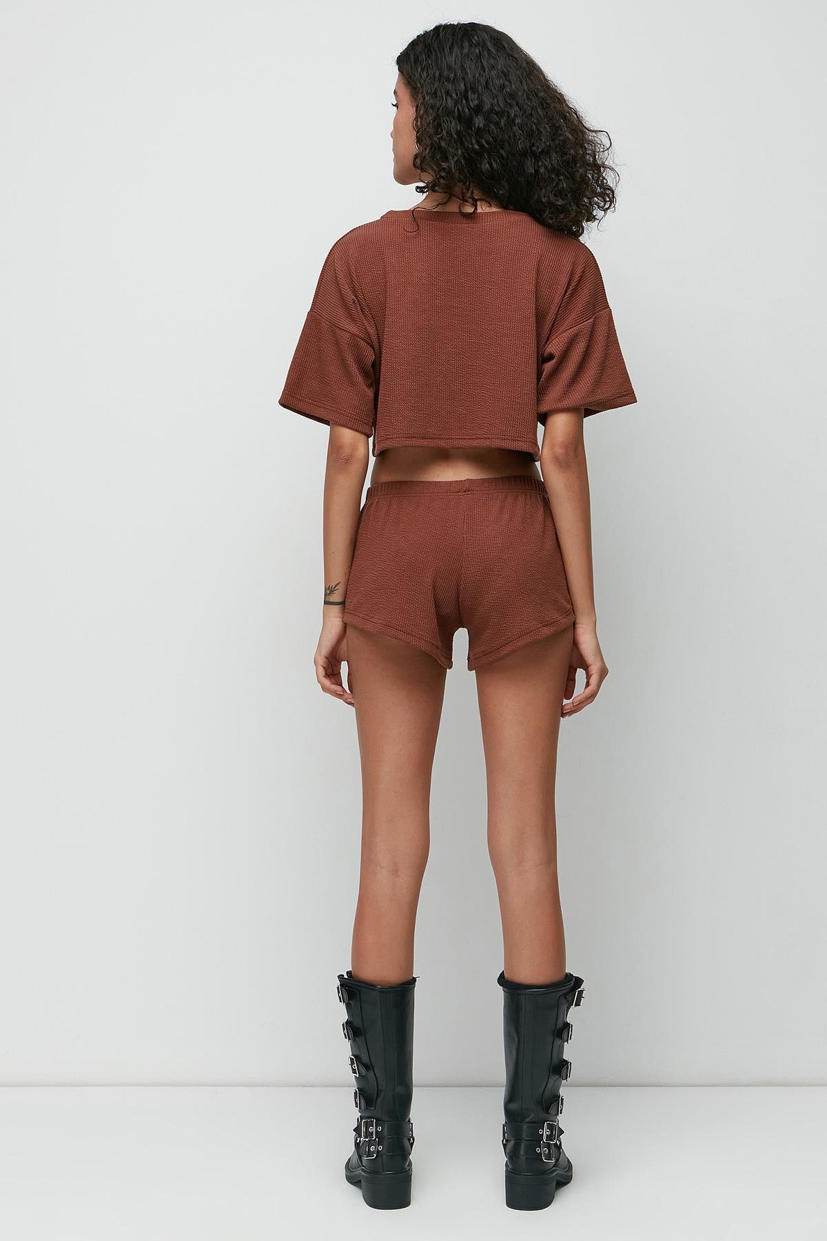 C&City Ribbed Short Sleeve T-Shirt Shorts Set 9137 Brown