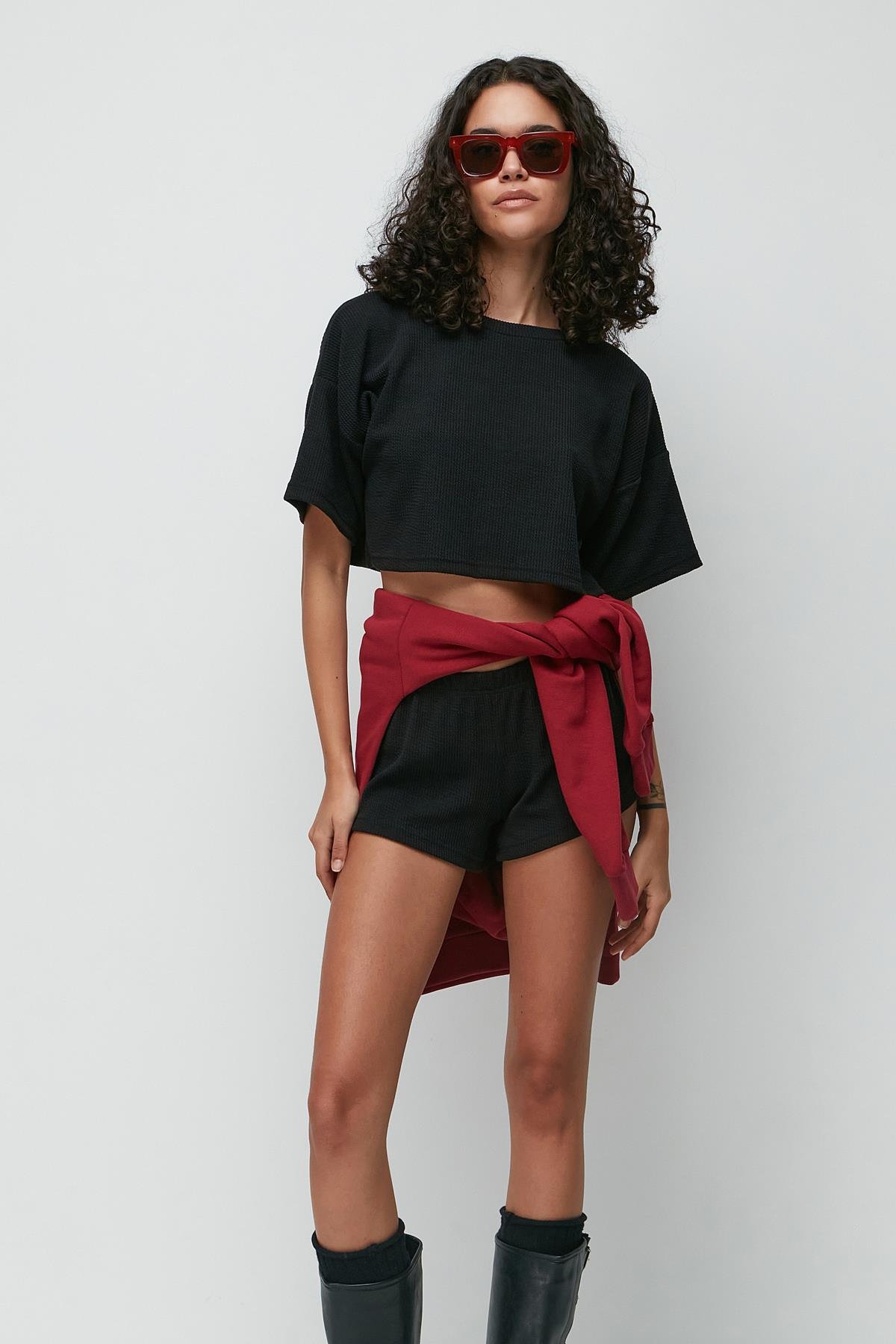 C&City Ribbed Short Sleeve T-Shirt Shorts Set 9137 Black