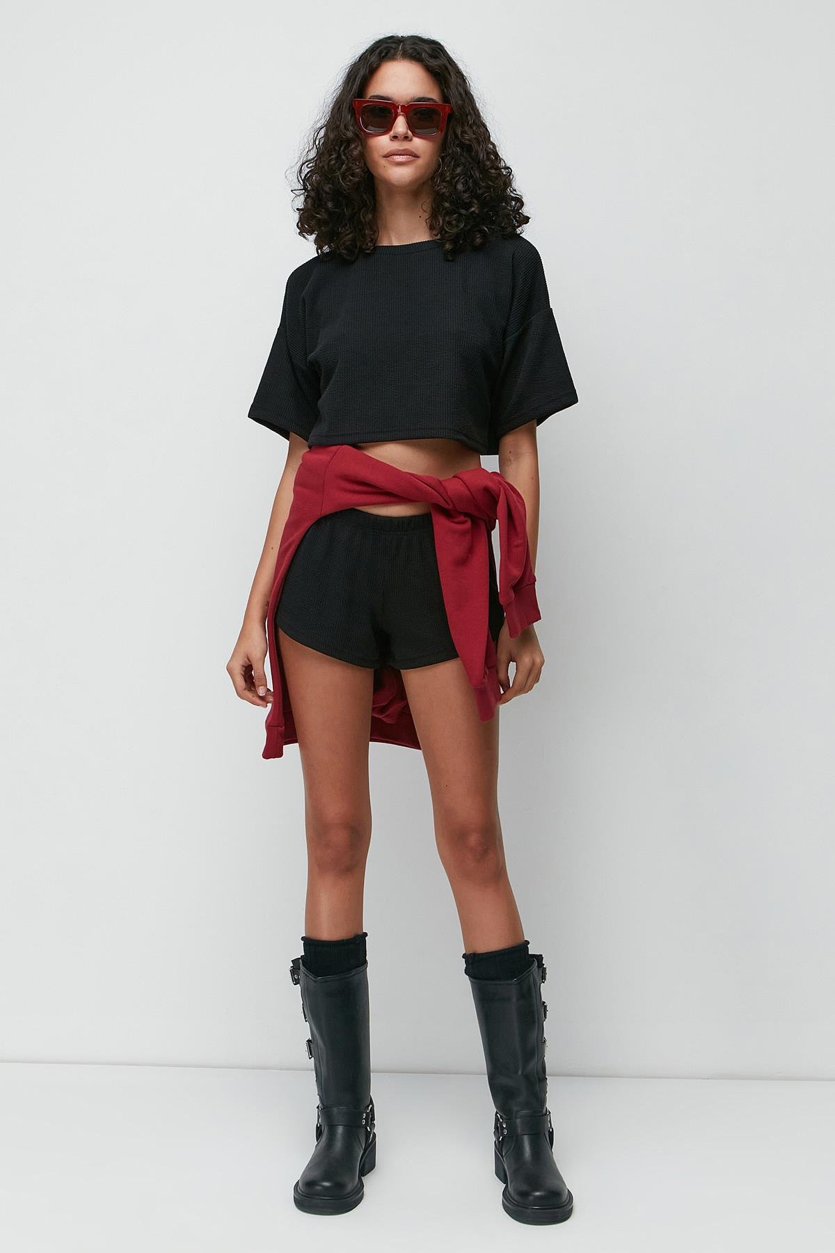 C&City Ribbed Short Sleeve T-Shirt Shorts Set 9137 Black