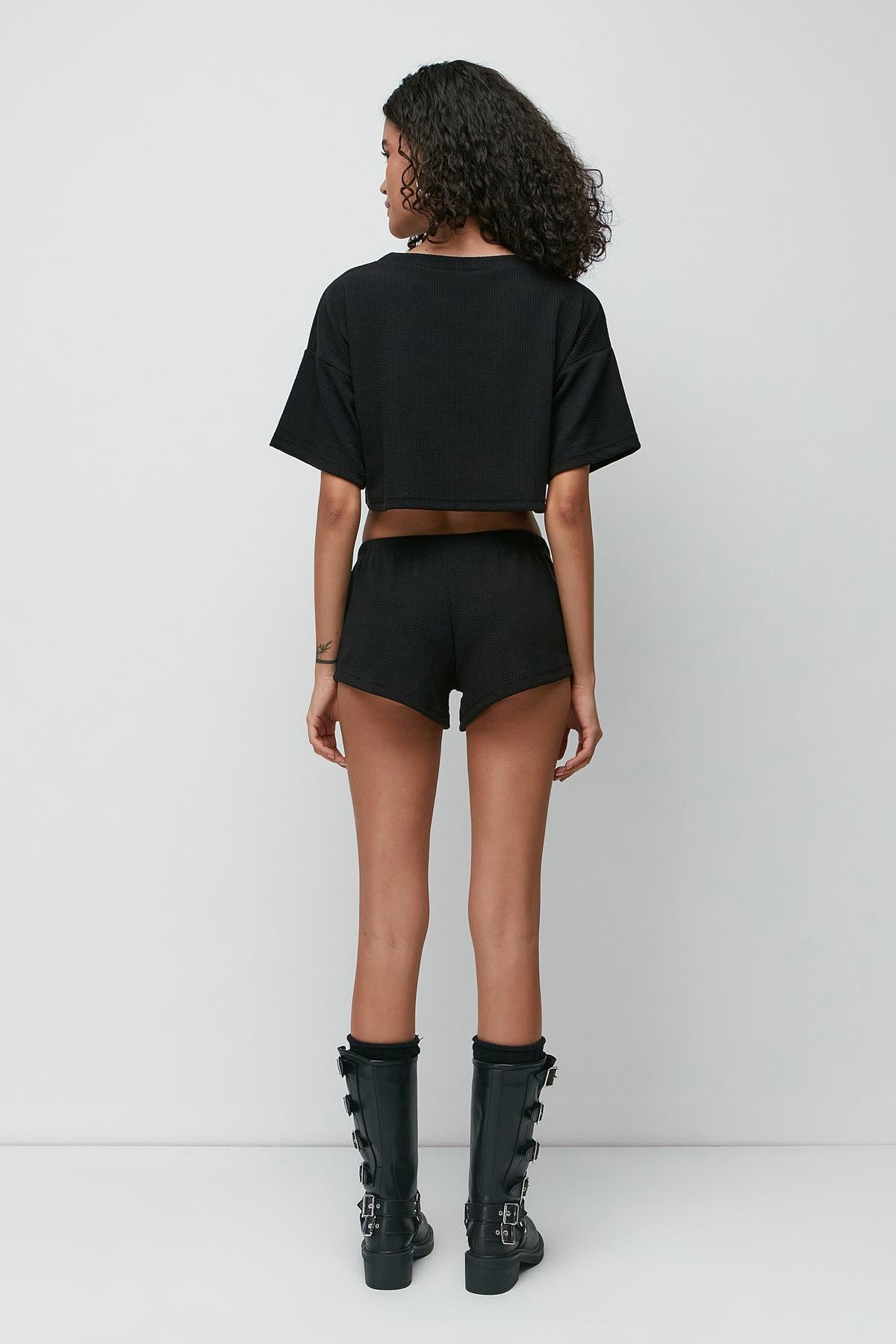 C&City Ribbed Short Sleeve T-Shirt Shorts Set 9137 Black