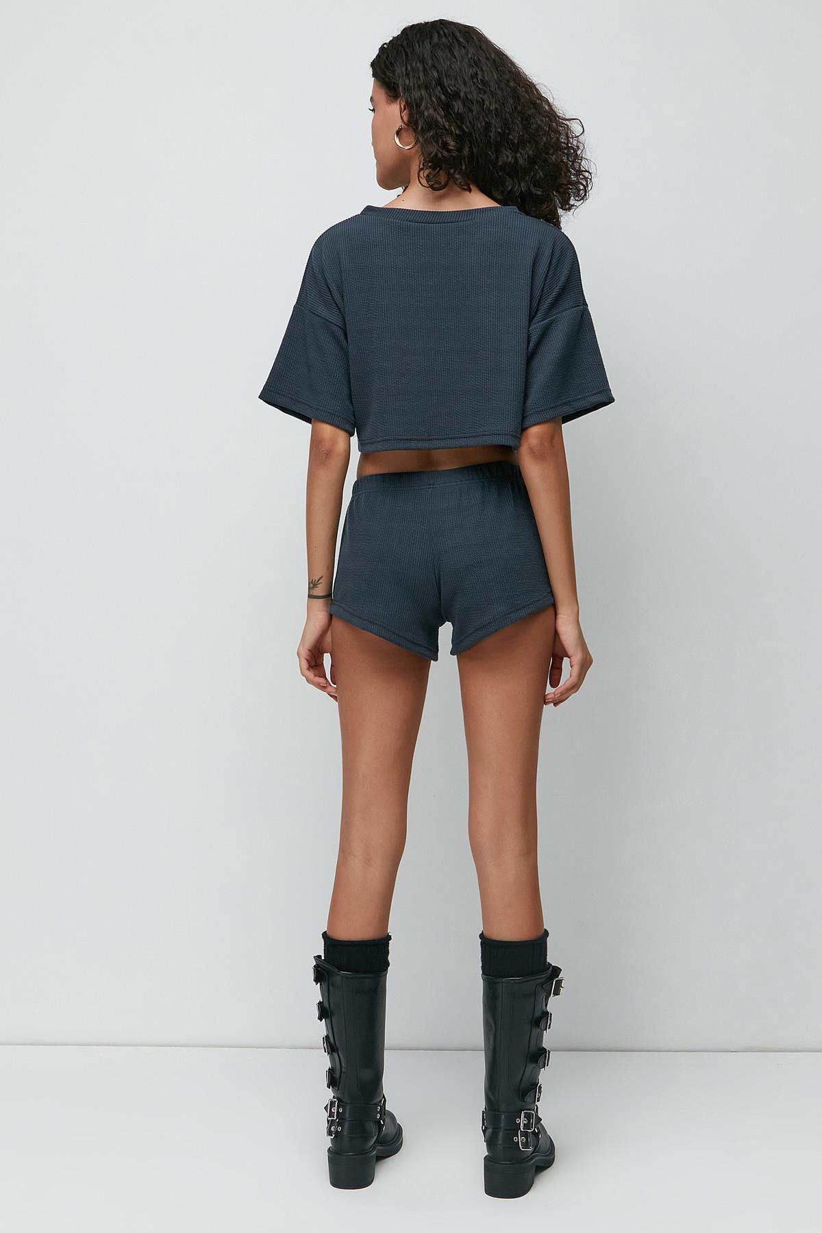 C&City Ribbed Short Sleeve T-Shirt Shorts Set 9137 Smoked Color