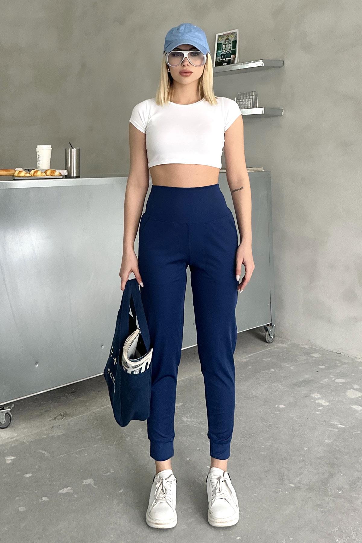 High Waist Cuffed Jogger Sweatpants 811 Navy Blue