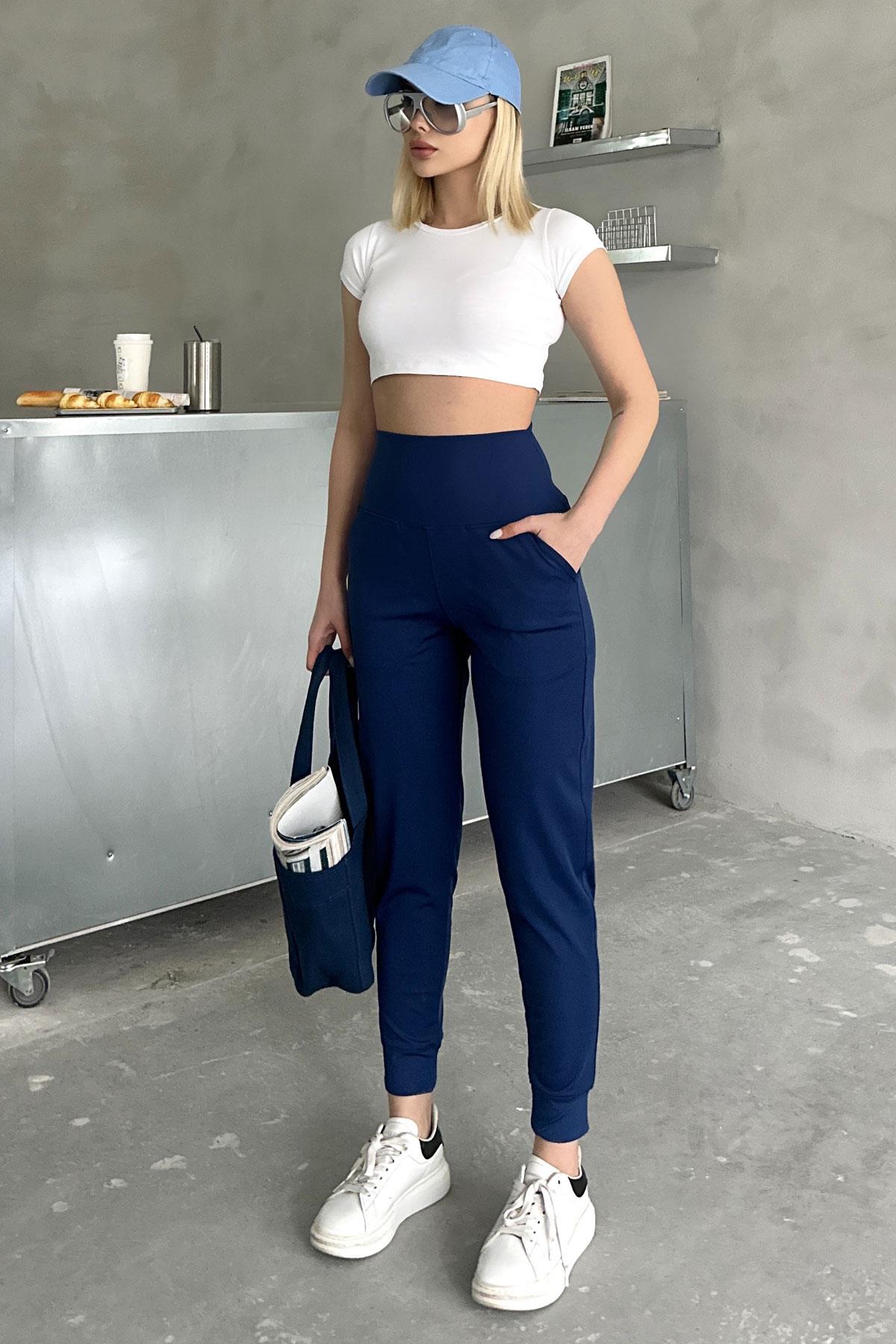 High Waist Cuffed Jogger Sweatpants 811 Navy Blue