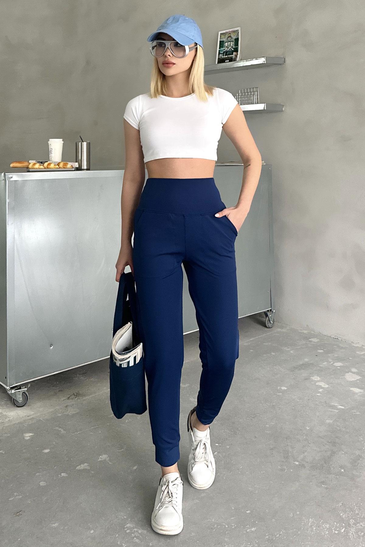High Waist Cuffed Jogger Sweatpants 811 Navy Blue