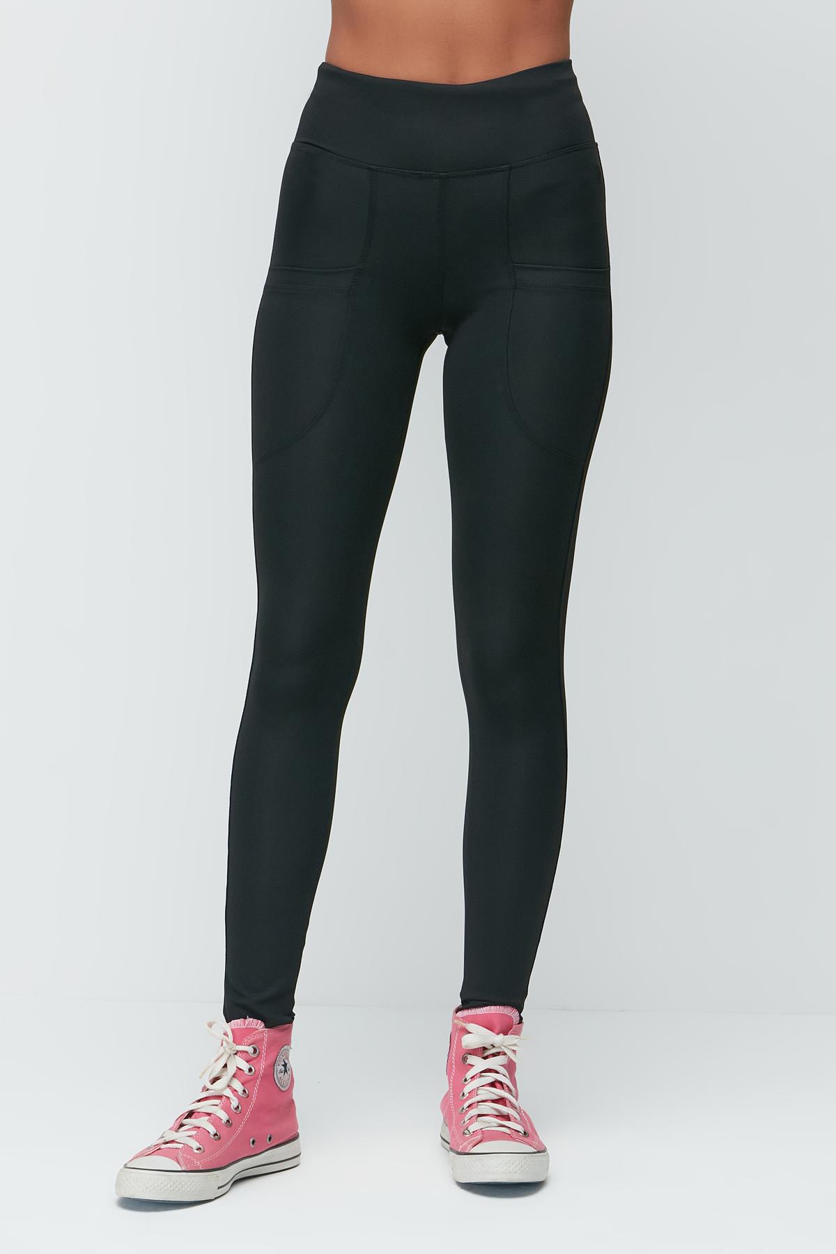 Pocketed High Waist Long Sports Leggings Black