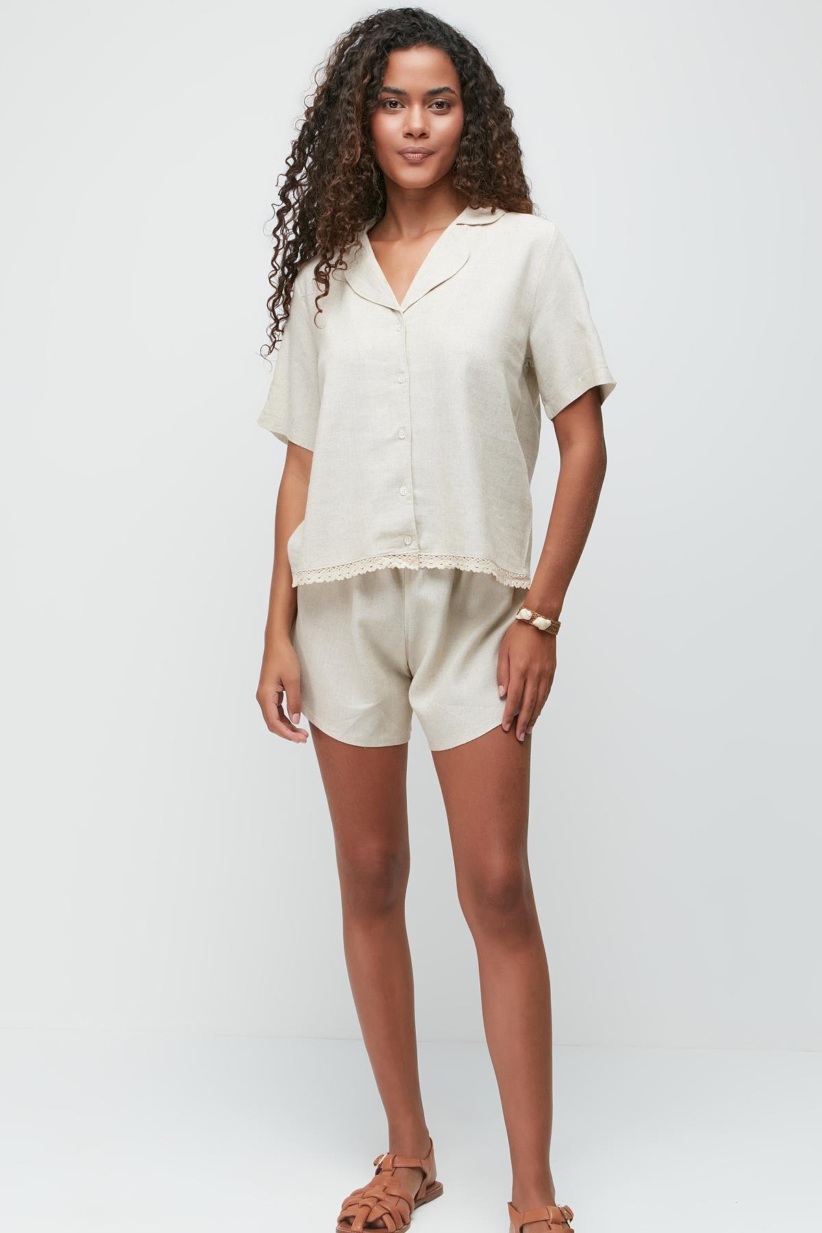 Linen Lace Detail Short Sleeve Shirt and Shorts Set 9145 Beige