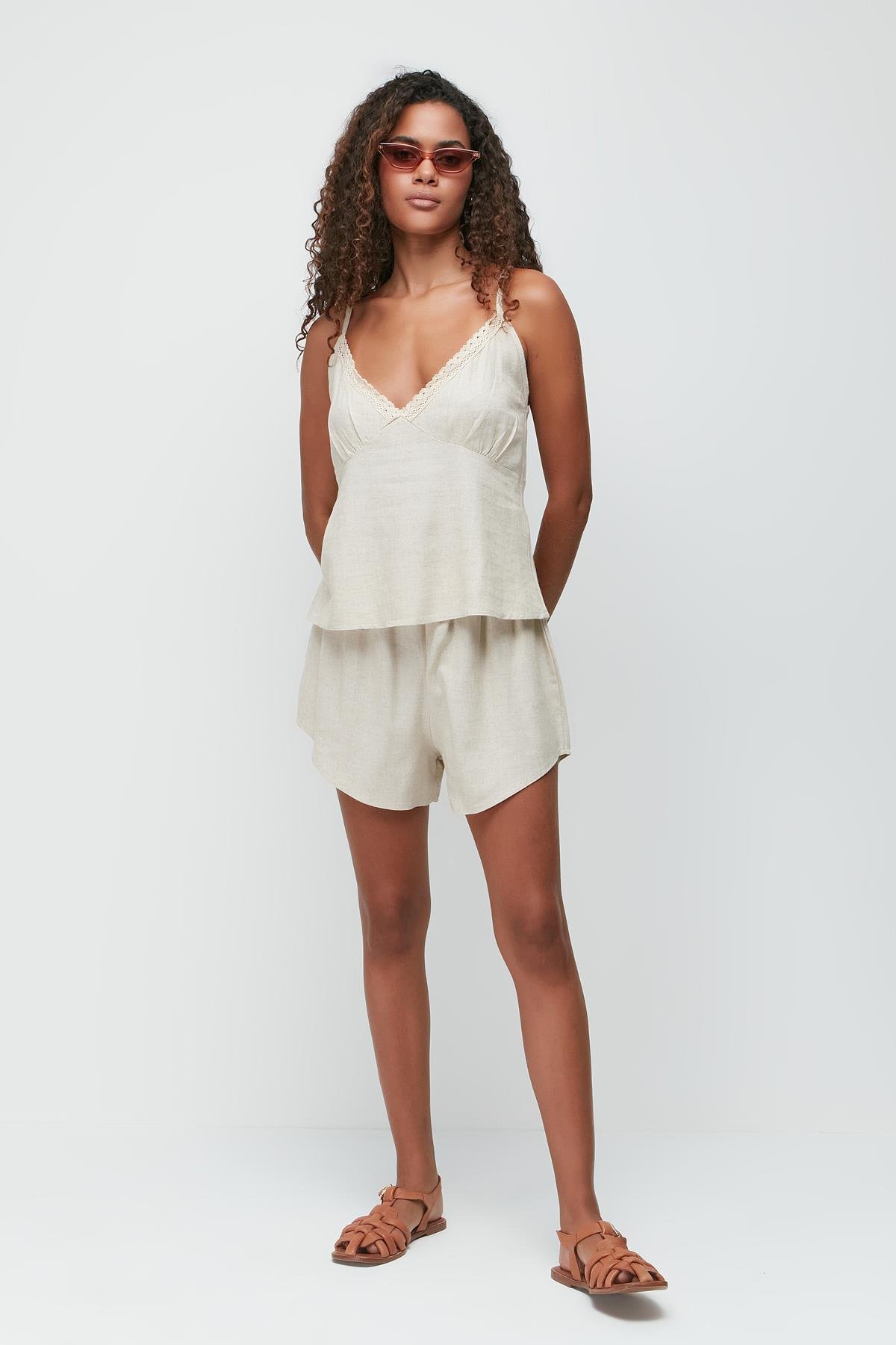 Linen Lace Detail Tank Top and Shorts Set 9146 Beige