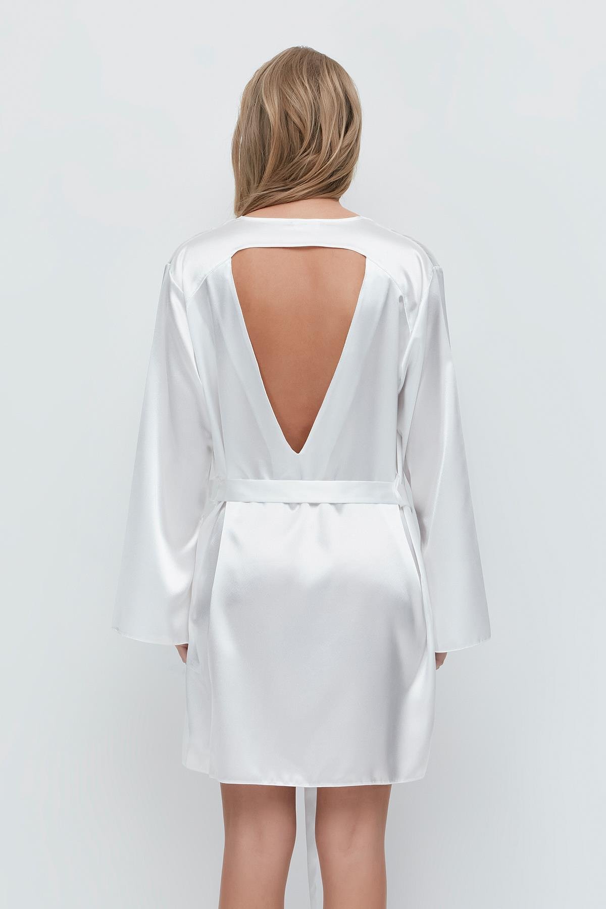 Back Detail Long Sleeve Satin Nightgown 091 Ecru