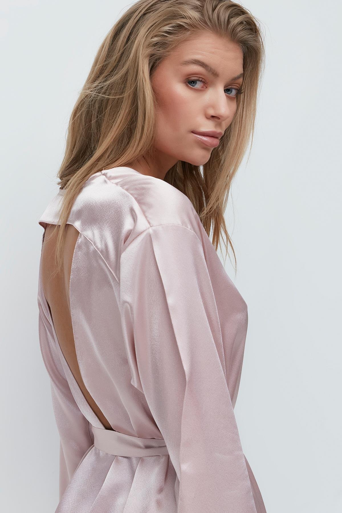 Back Detail Long Sleeve Satin Nightgown 091 Powder