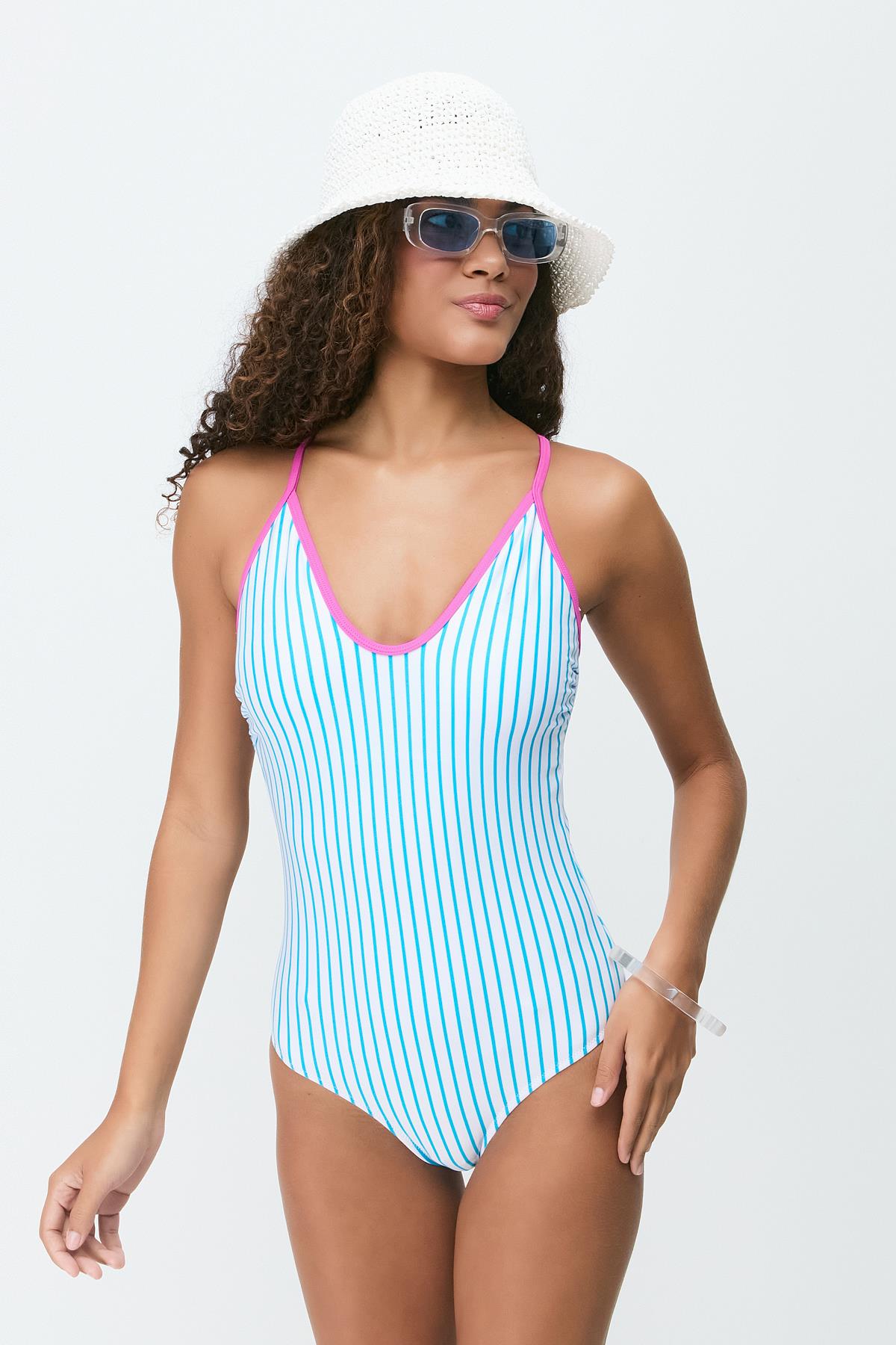 U-neck String Strap Swimsuit 7782 Blue