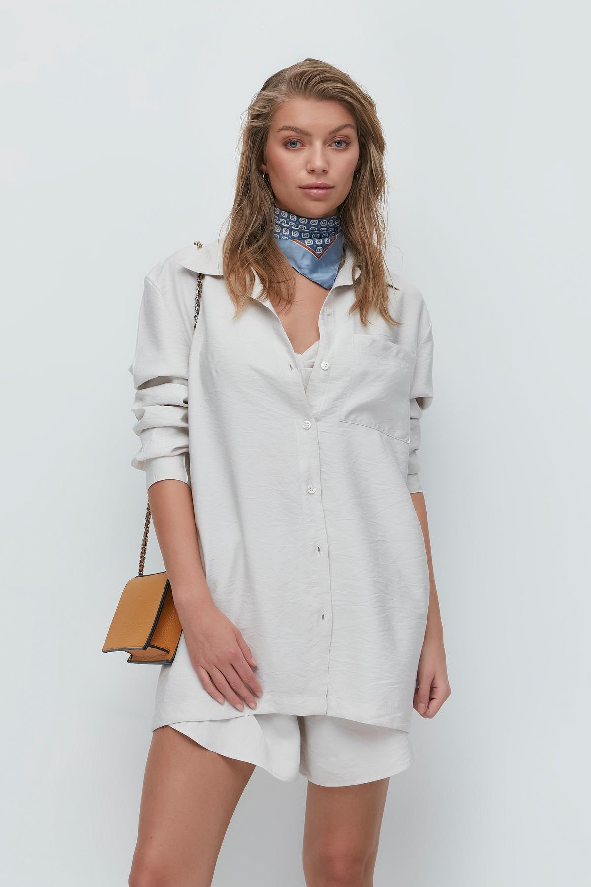 Long Sleeve Shirt Shorts 3-Piece Set 9147 Beige