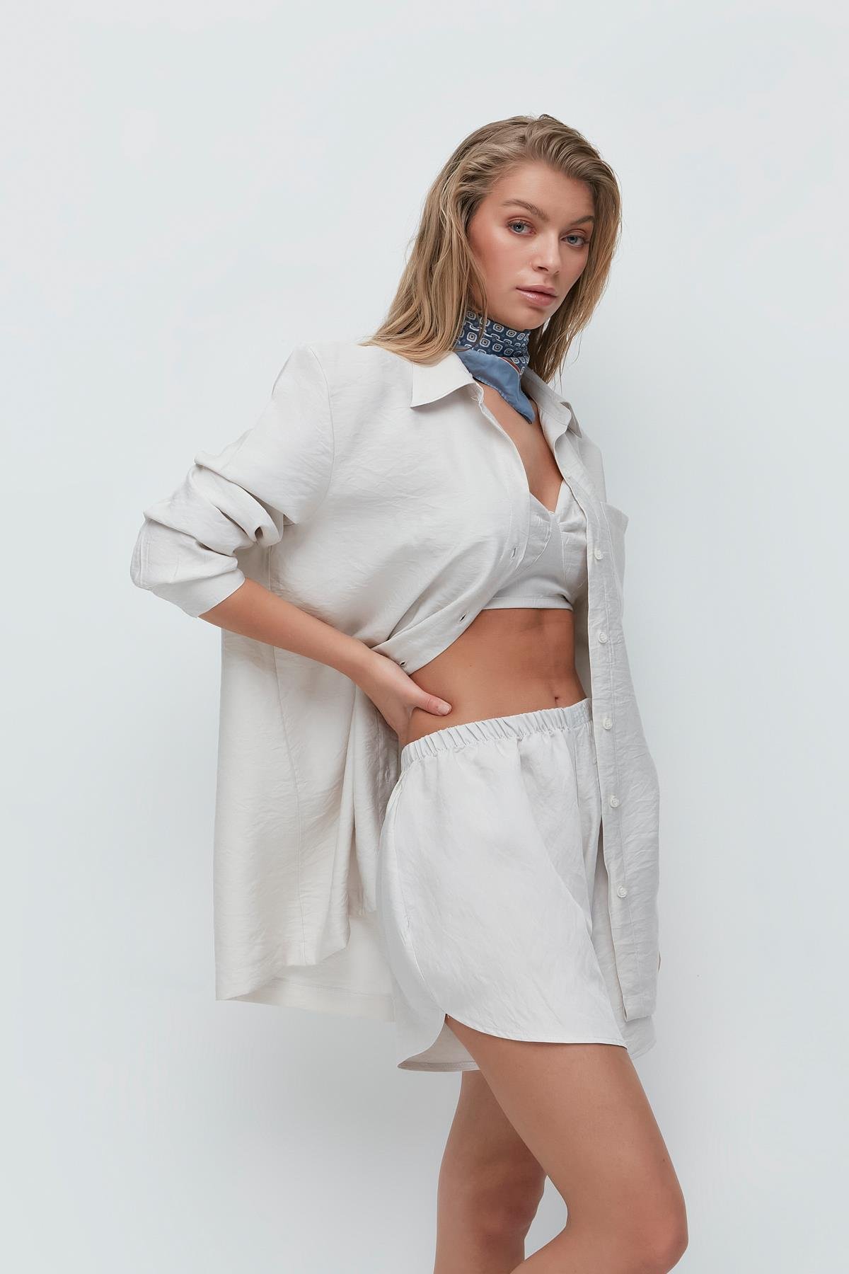 Long Sleeve Shirt Shorts 3-Piece Set 9147 Beige