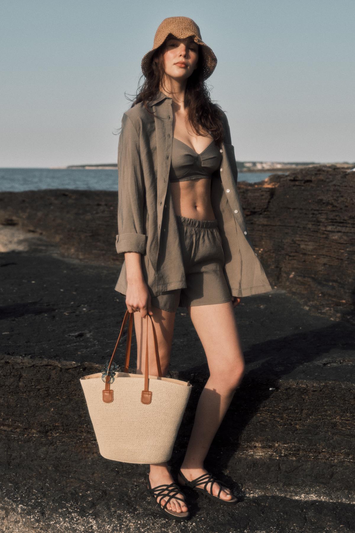 Long Sleeve Shirt Shorts 3-Piece Set 9147 Khaki