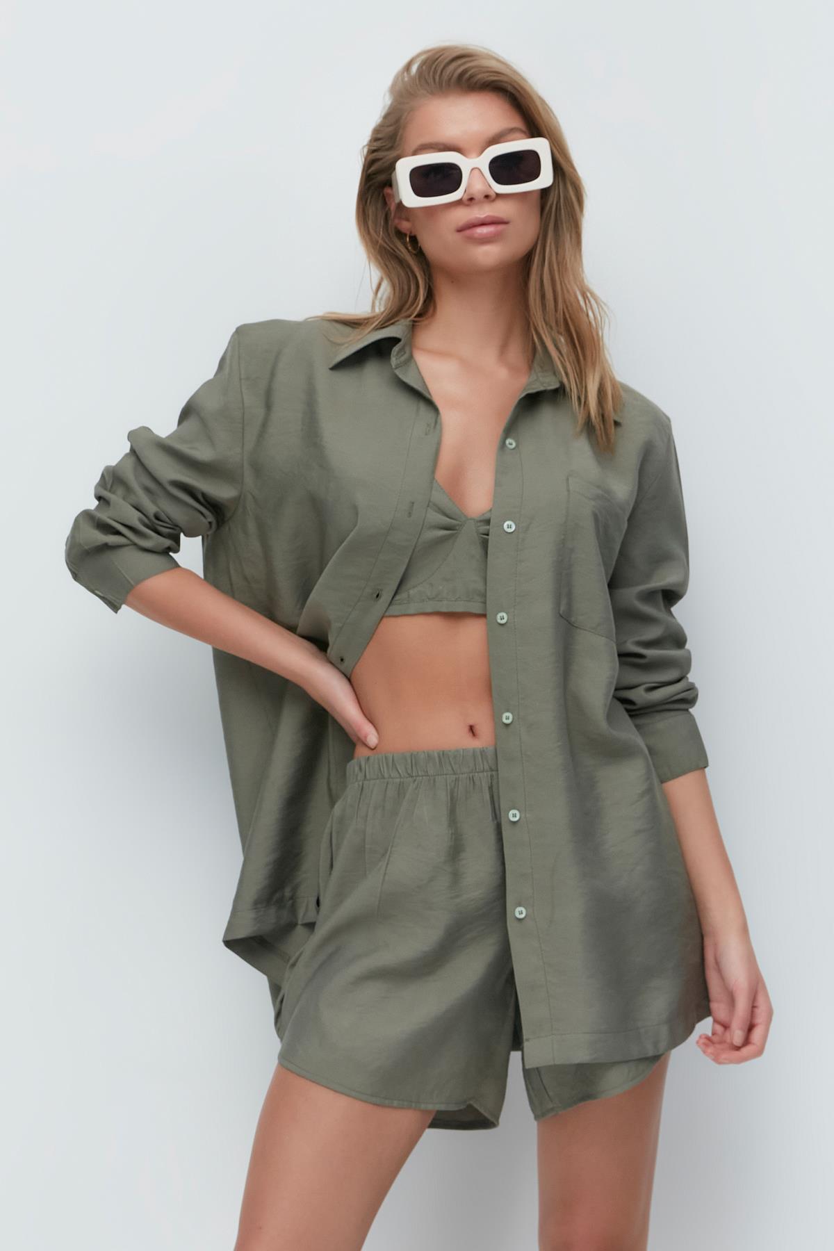 Long Sleeve Shirt Shorts 3-Piece Set 9147 Khaki