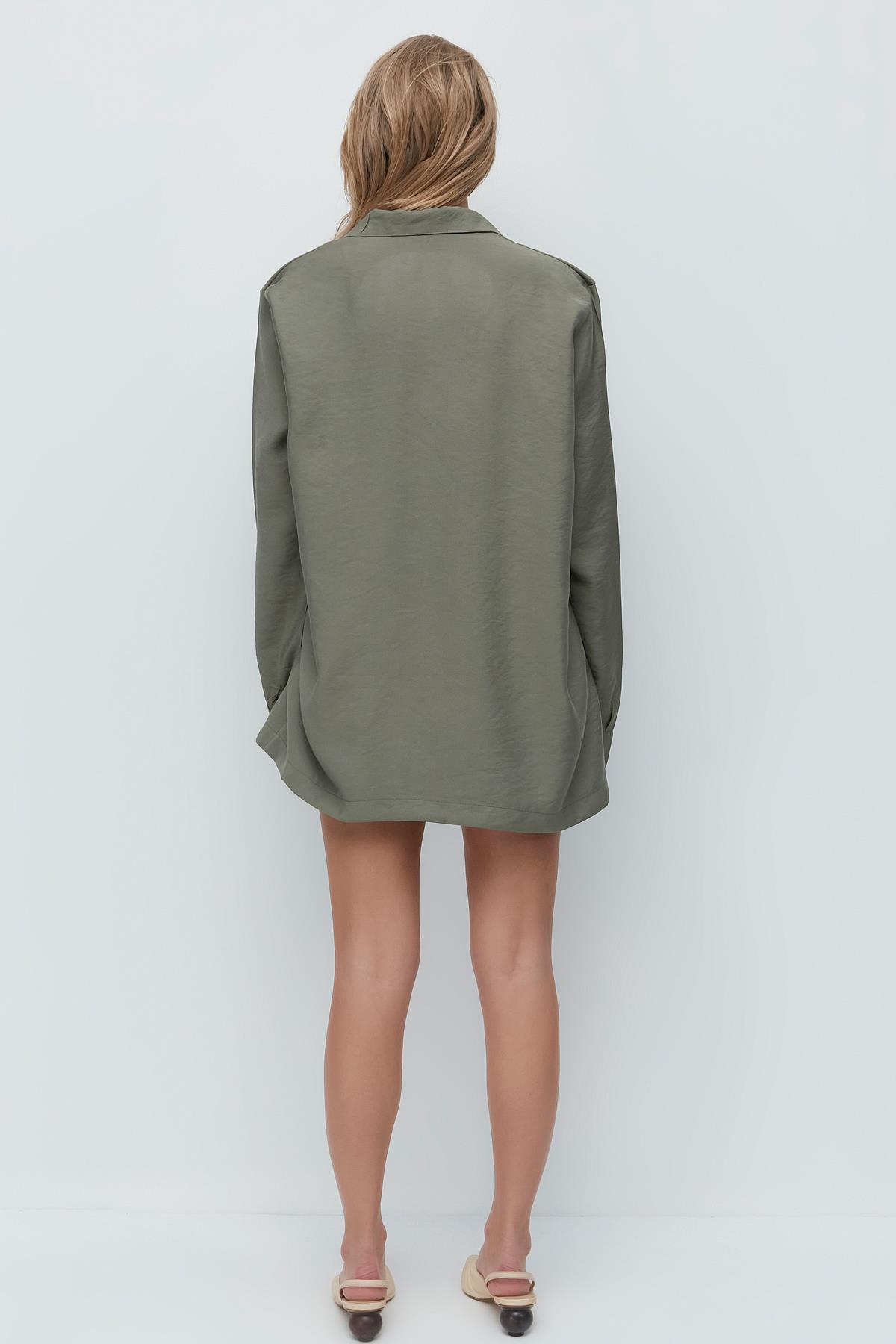 Long Sleeve Shirt Shorts 3-Piece Set 9147 Khaki