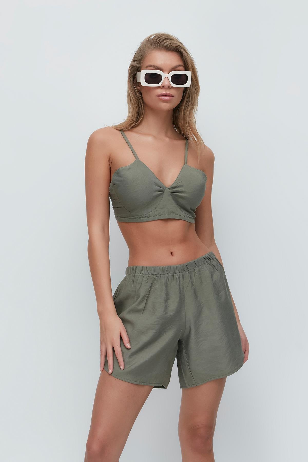 Long Sleeve Shirt Shorts 3-Piece Set 9147 Khaki