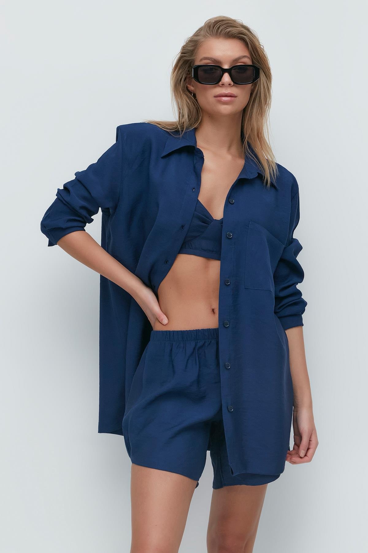 Long Sleeve Shirt Shorts 3-Piece Set 9147 Navy Blue