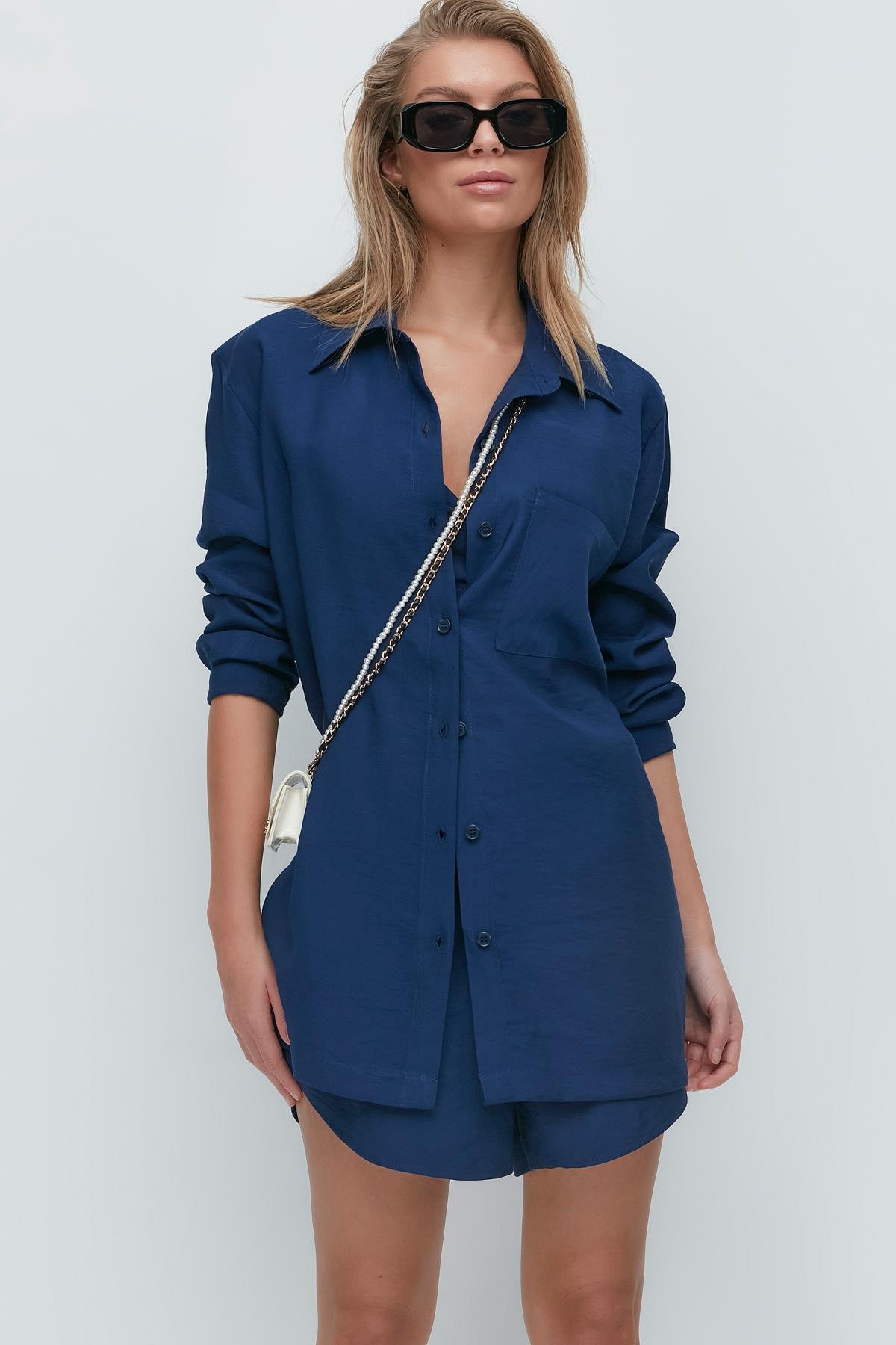 Long Sleeve Shirt Shorts 3-Piece Set 9147 Navy Blue