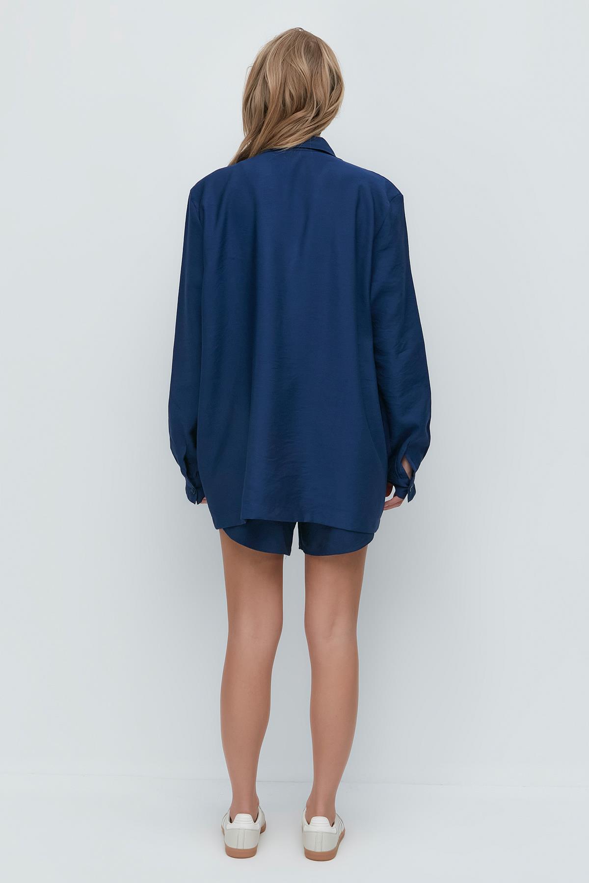 Long Sleeve Shirt Shorts 3-Piece Set 9147 Navy Blue