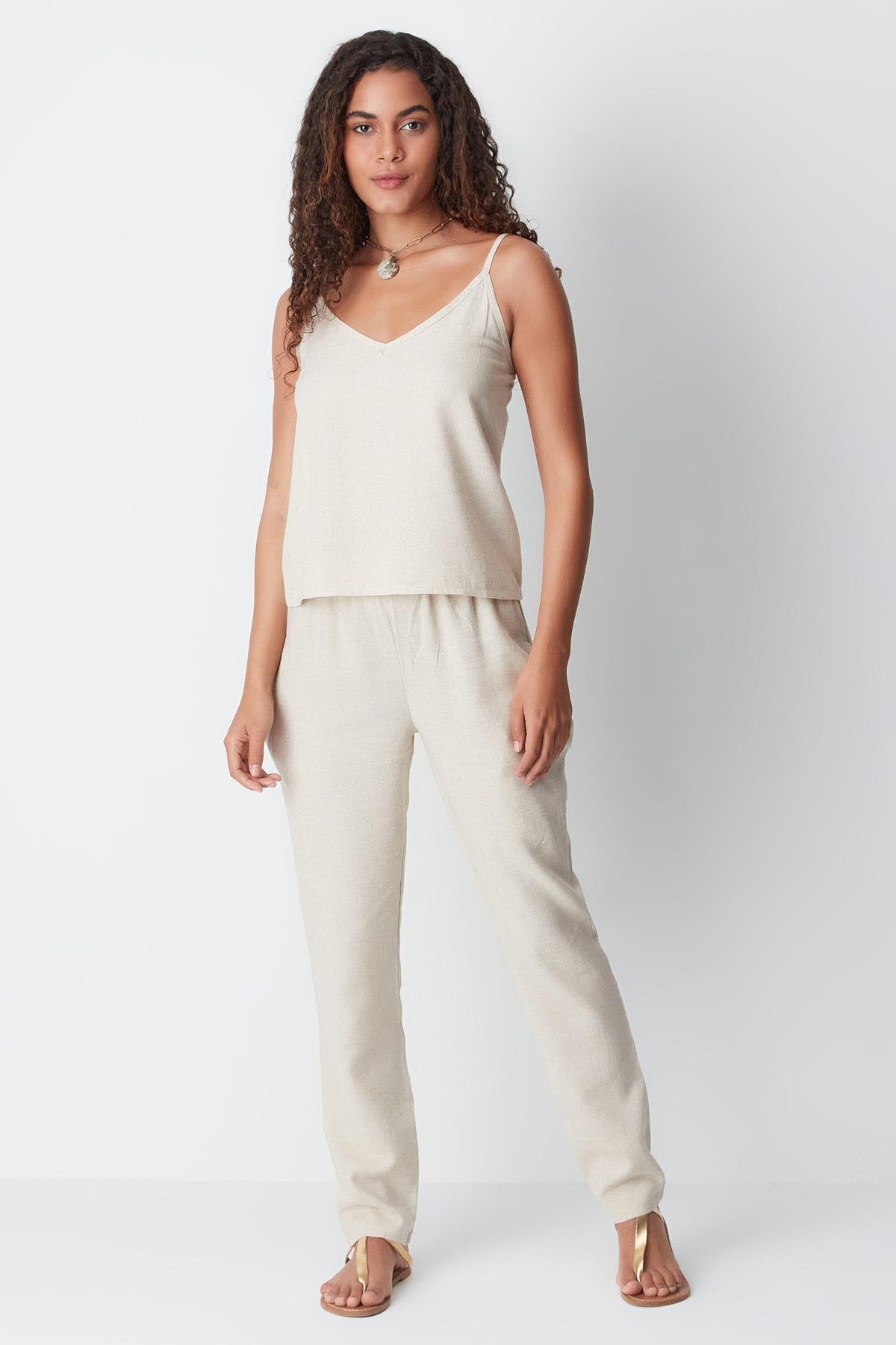 Linen String Strap Tank Set 9160 Beige