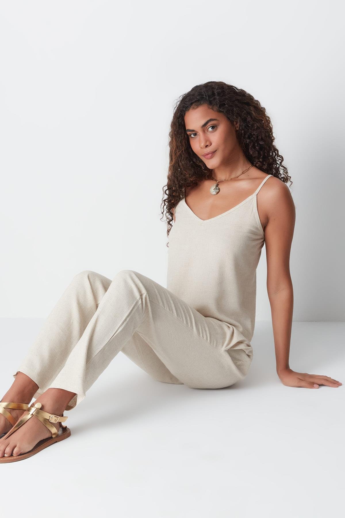Linen String Strap Tank Set 9160 Beige