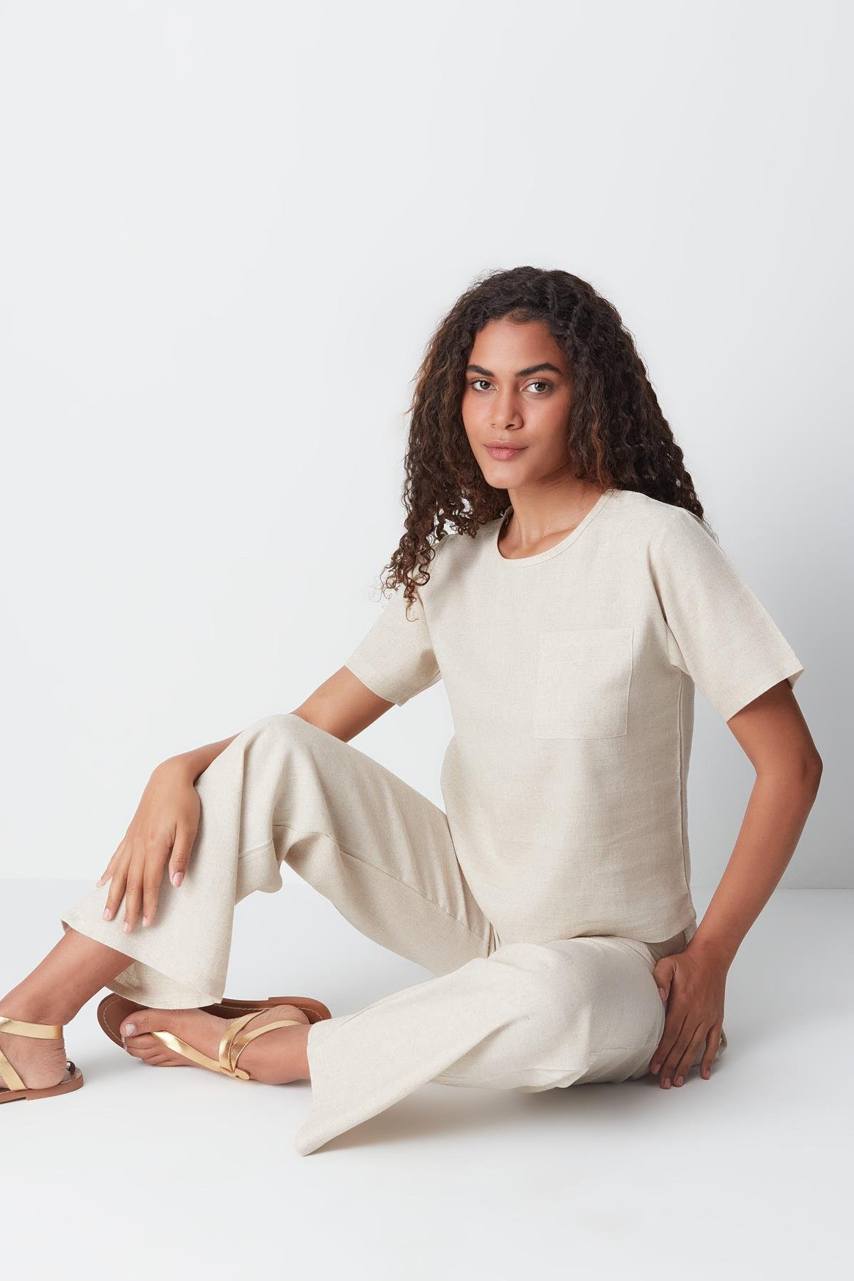 Linen String Strap Tank Set 9160 Beige