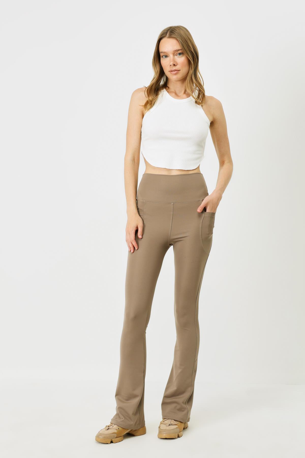 Pocketed High-Waisted Spanish Flare Long Sport Leggings 9405 Brown