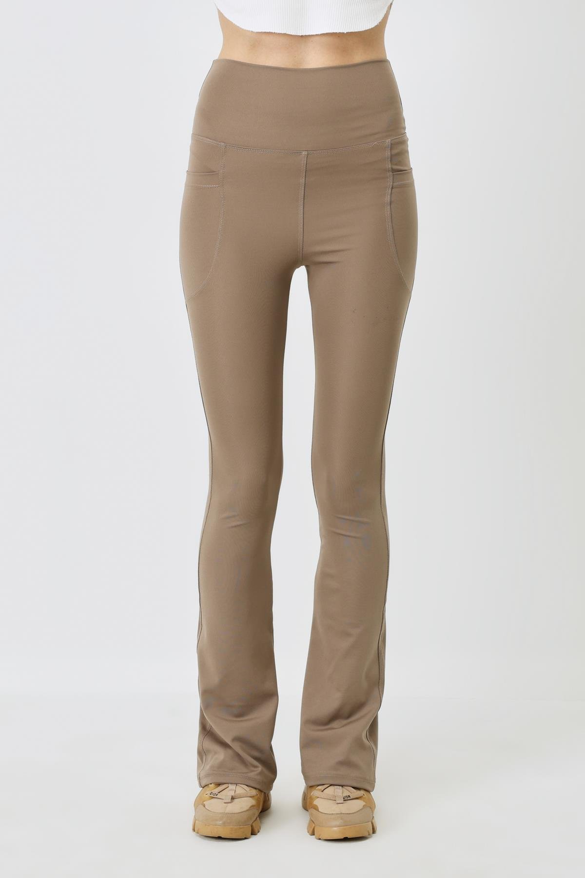 Pocketed High-Waisted Spanish Flare Long Sport Leggings 9405 Brown