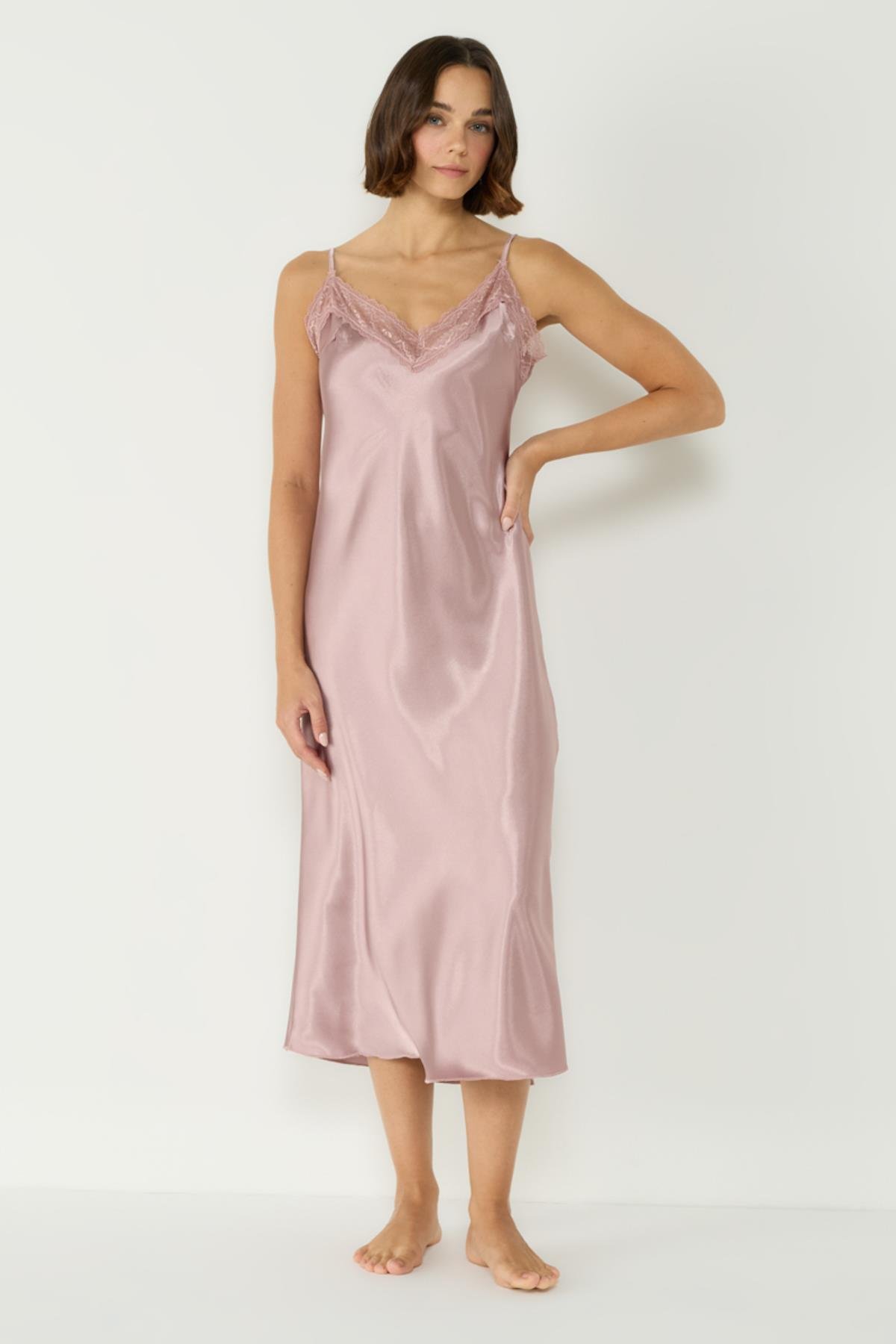 Lace Detail Long Satin Nightwear 007 Mink
