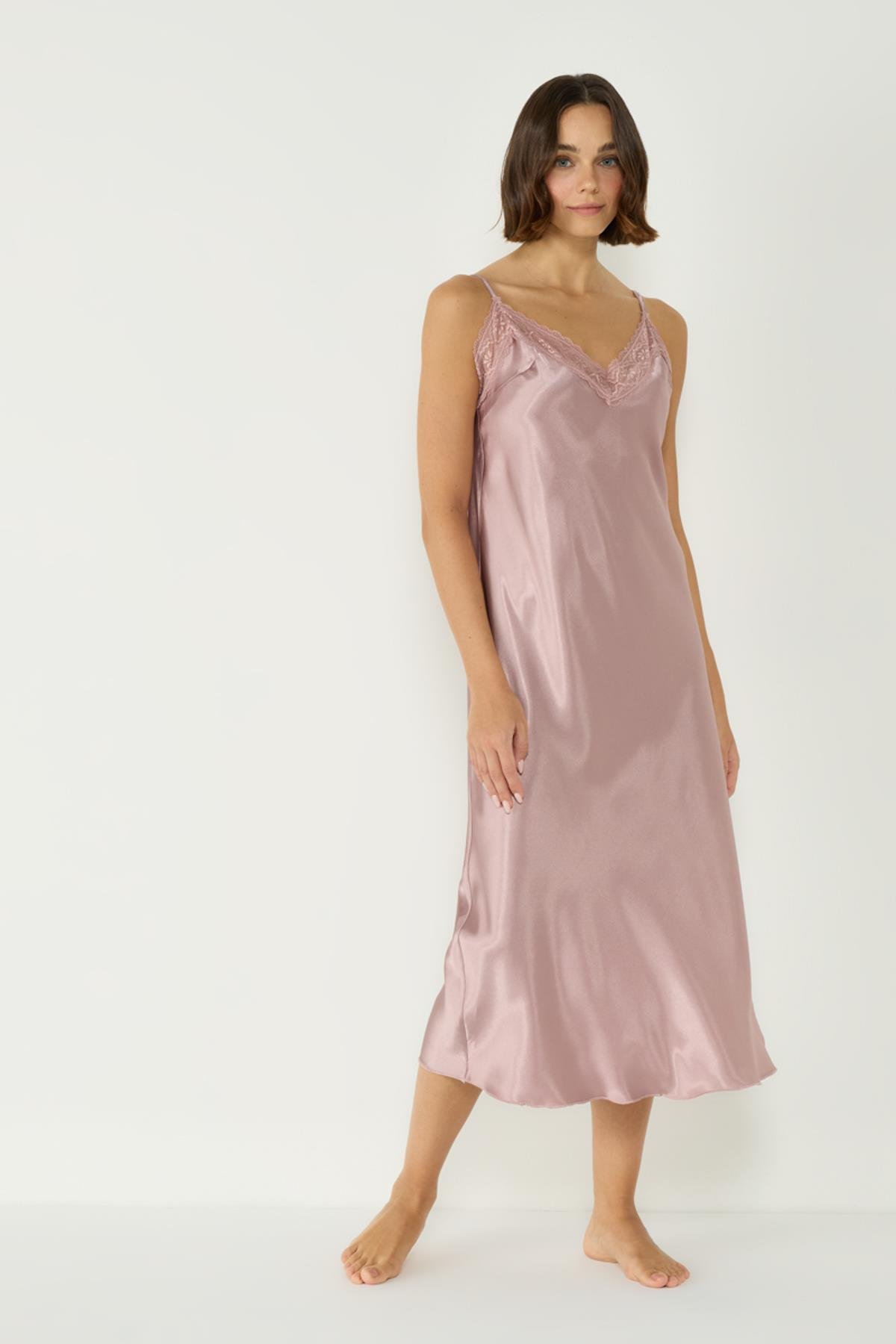 Lace Detail Long Satin Nightwear 007 Mink