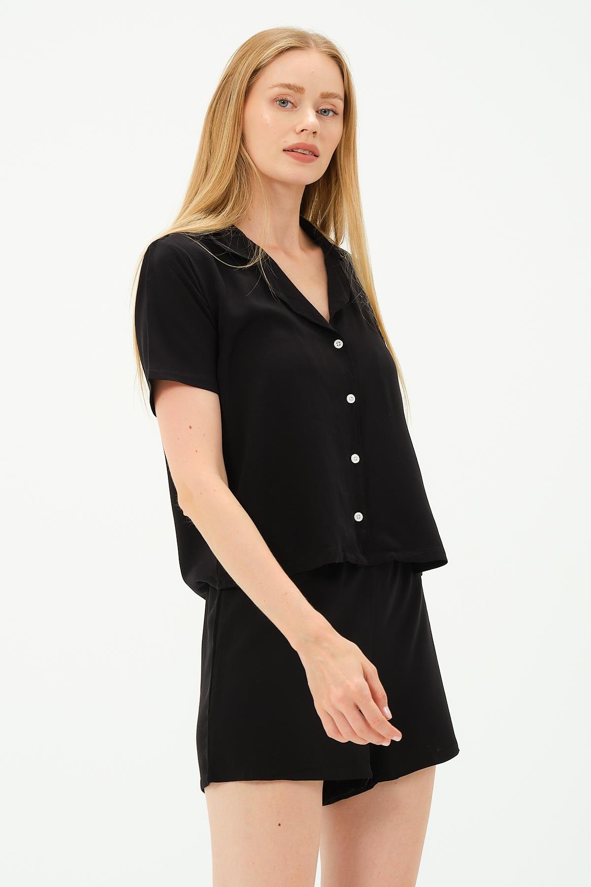 Viskon Gömlek Şort Takım 9156 Siyah