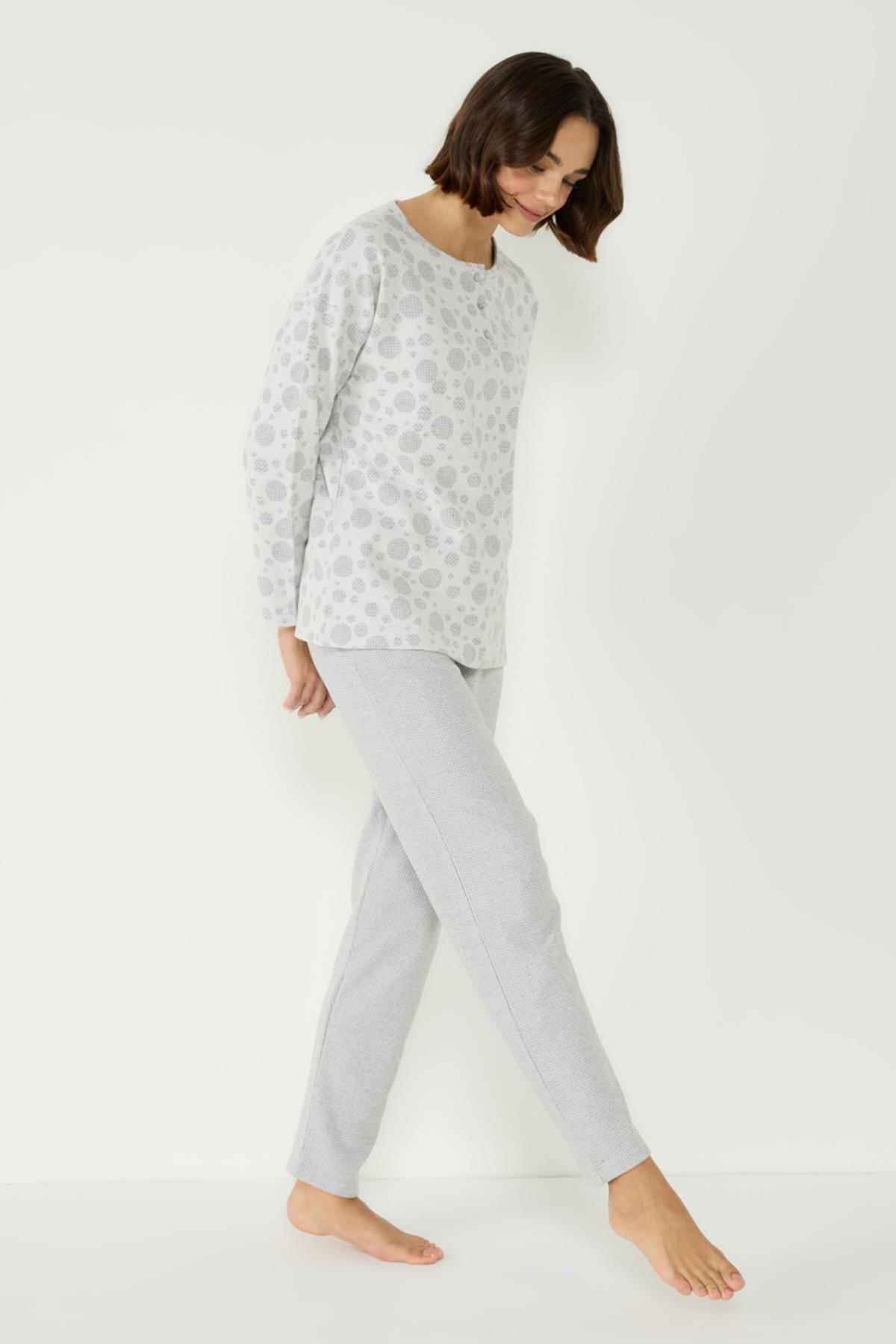 Jakarlı Patlı Uzun Kol Cepli Pijama Takım 402030 Açık Gri