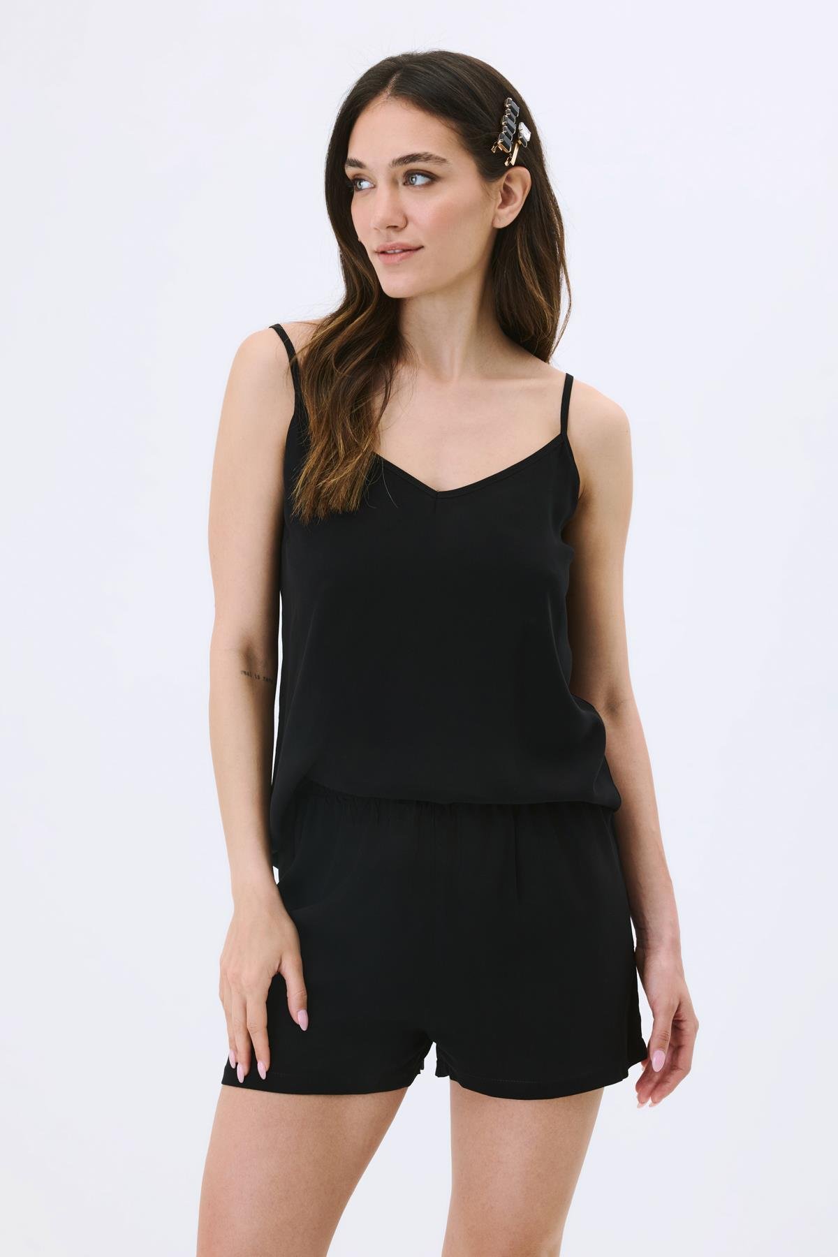 İp Askılı Şortlu Viskon Pijama Takım 9155 Siyah