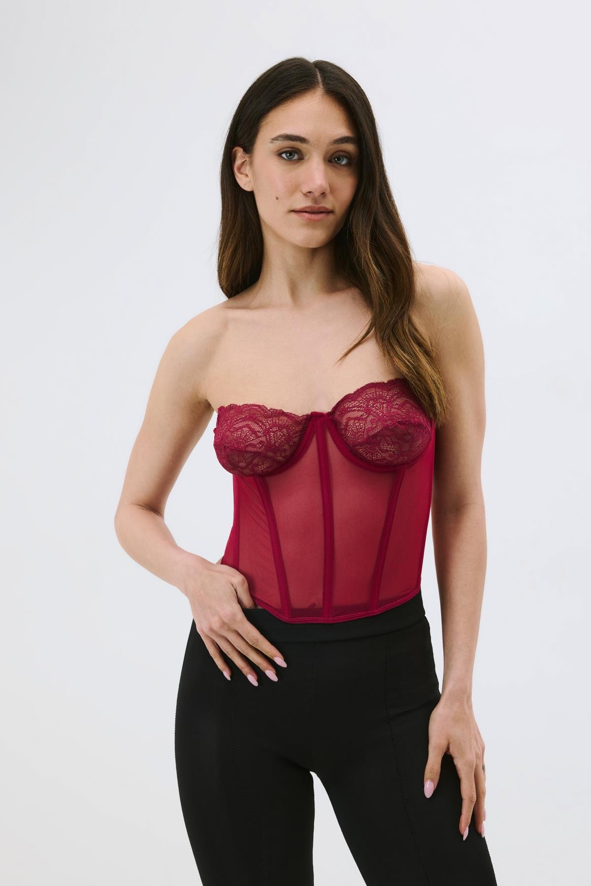 Transparan Fantezi Dantelli Straplez Bustiyer 6003 Vişne