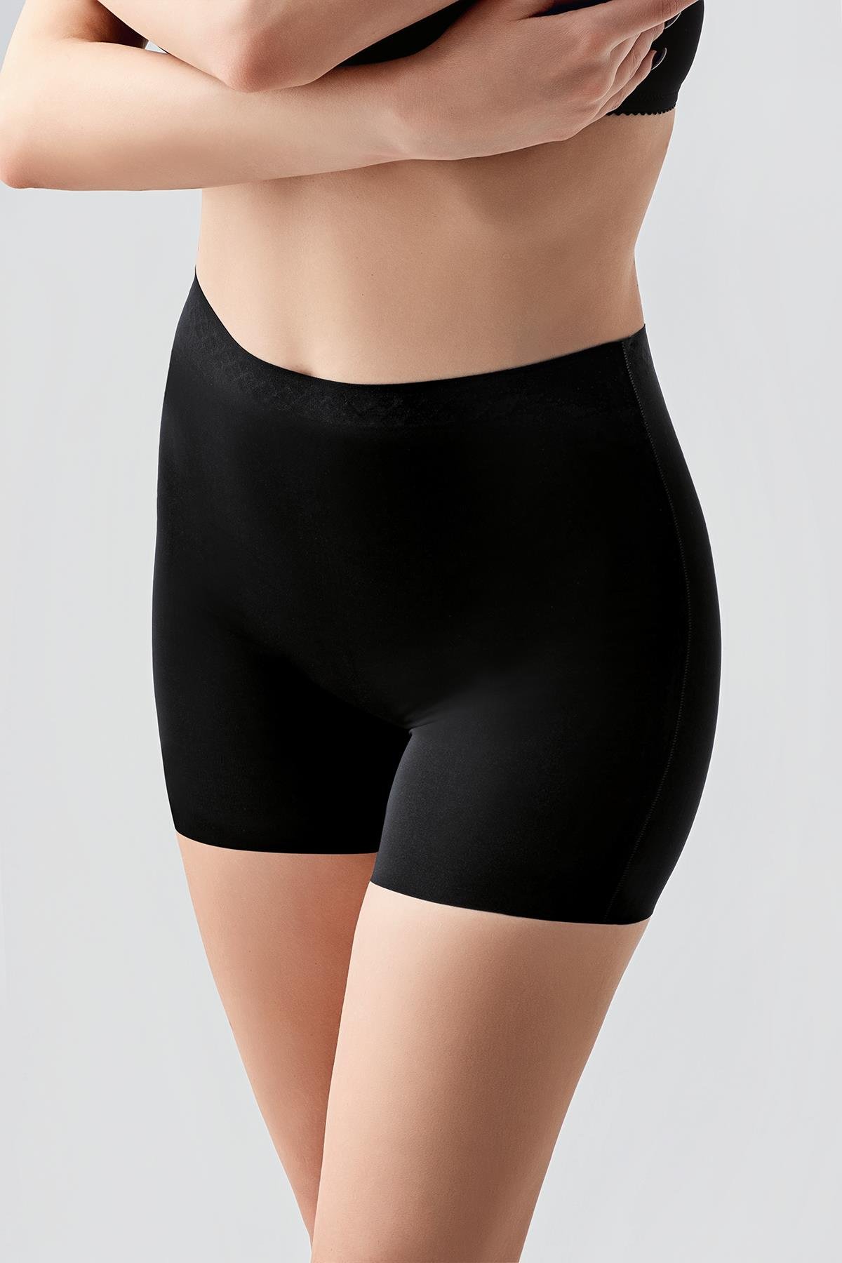 Non-Slip Waist Laser Cut Shorts C19205 Black