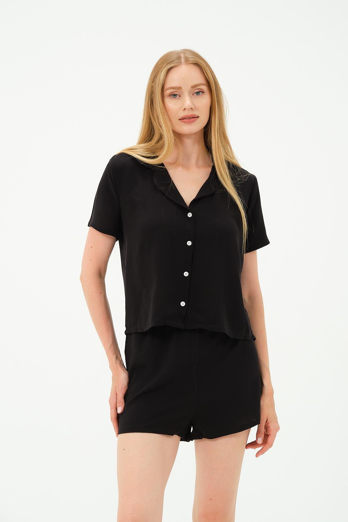 Viskon Gömlek Şort Takım 9156 Siyah