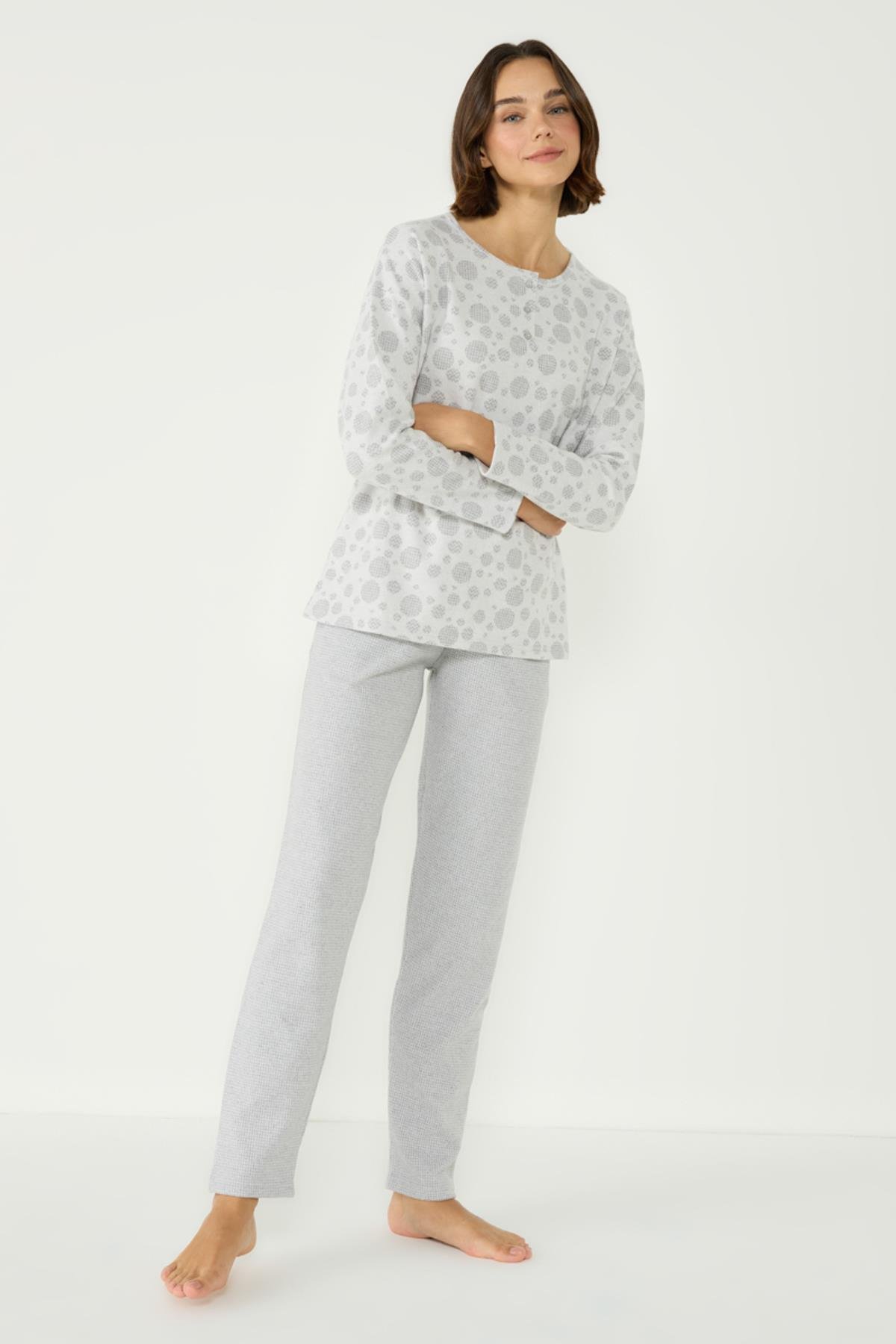 Jakarlı Patlı Uzun Kol Cepli Pijama Takım 402030 Açık Gri