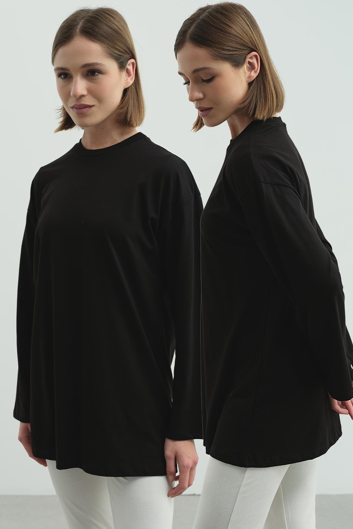 Geniş Kol Oversize 2'li Paket T-Shirt 964 Siyah/Siyah