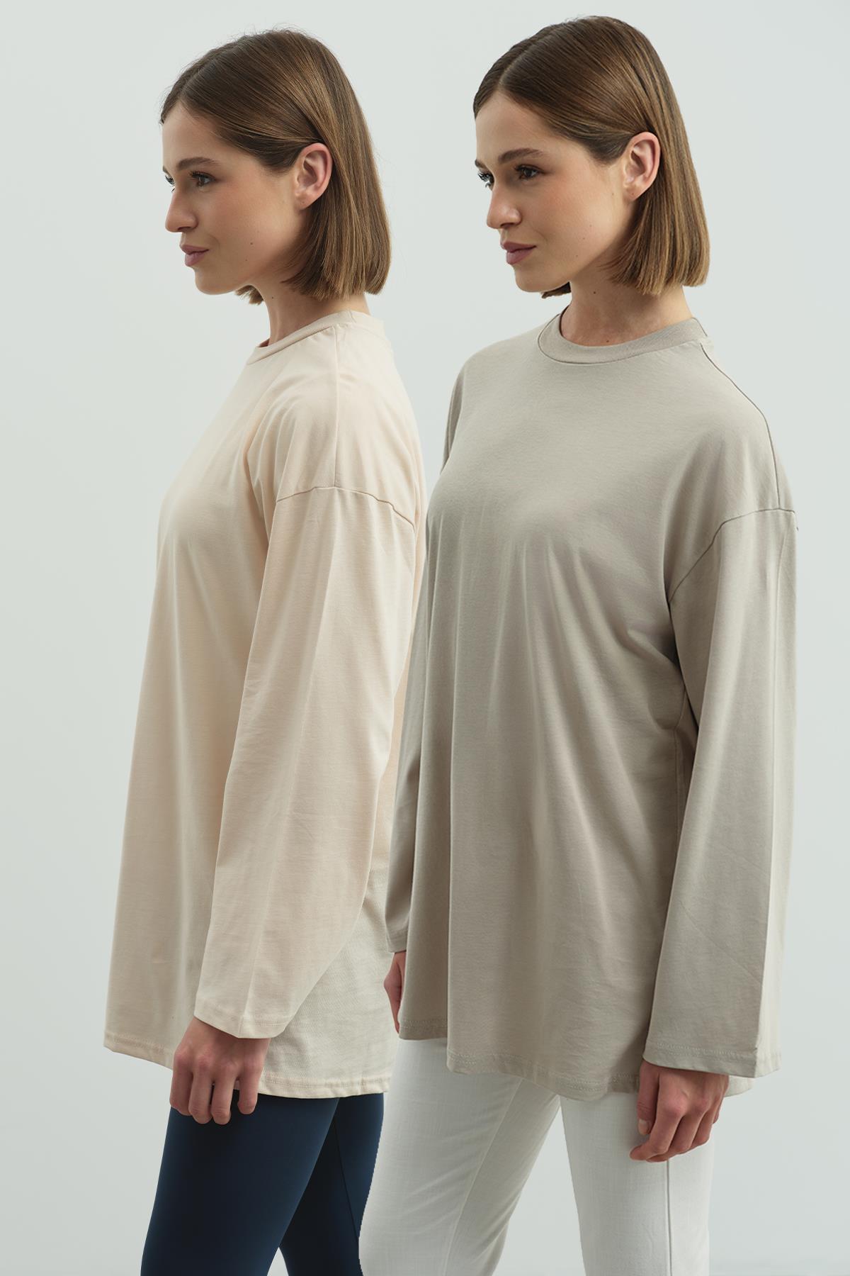 Geniş Kol Oversize 2'li Paket T-Shirt 964 Gri/Bej