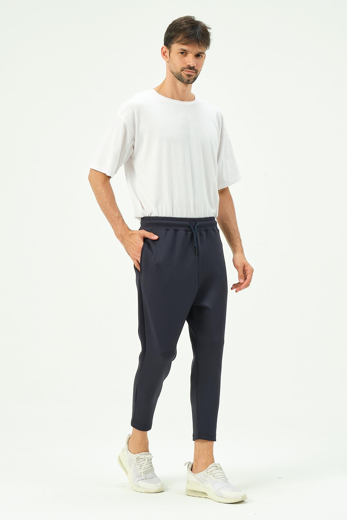 C&City Men Loose Cut Straight Leg Sweatpants with Back Pocket 856 Navy Blue