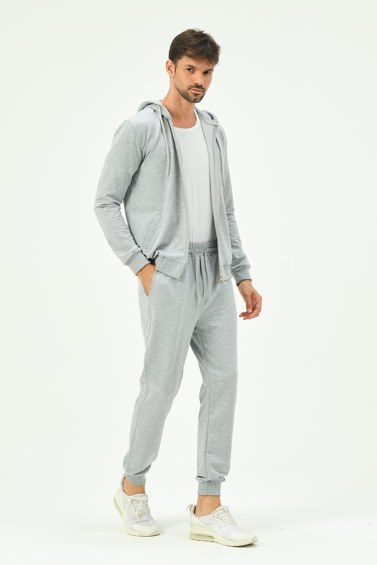 C&City Men Hooded Front Zippered Cuffed Leg Tracksuit 8702 Grey