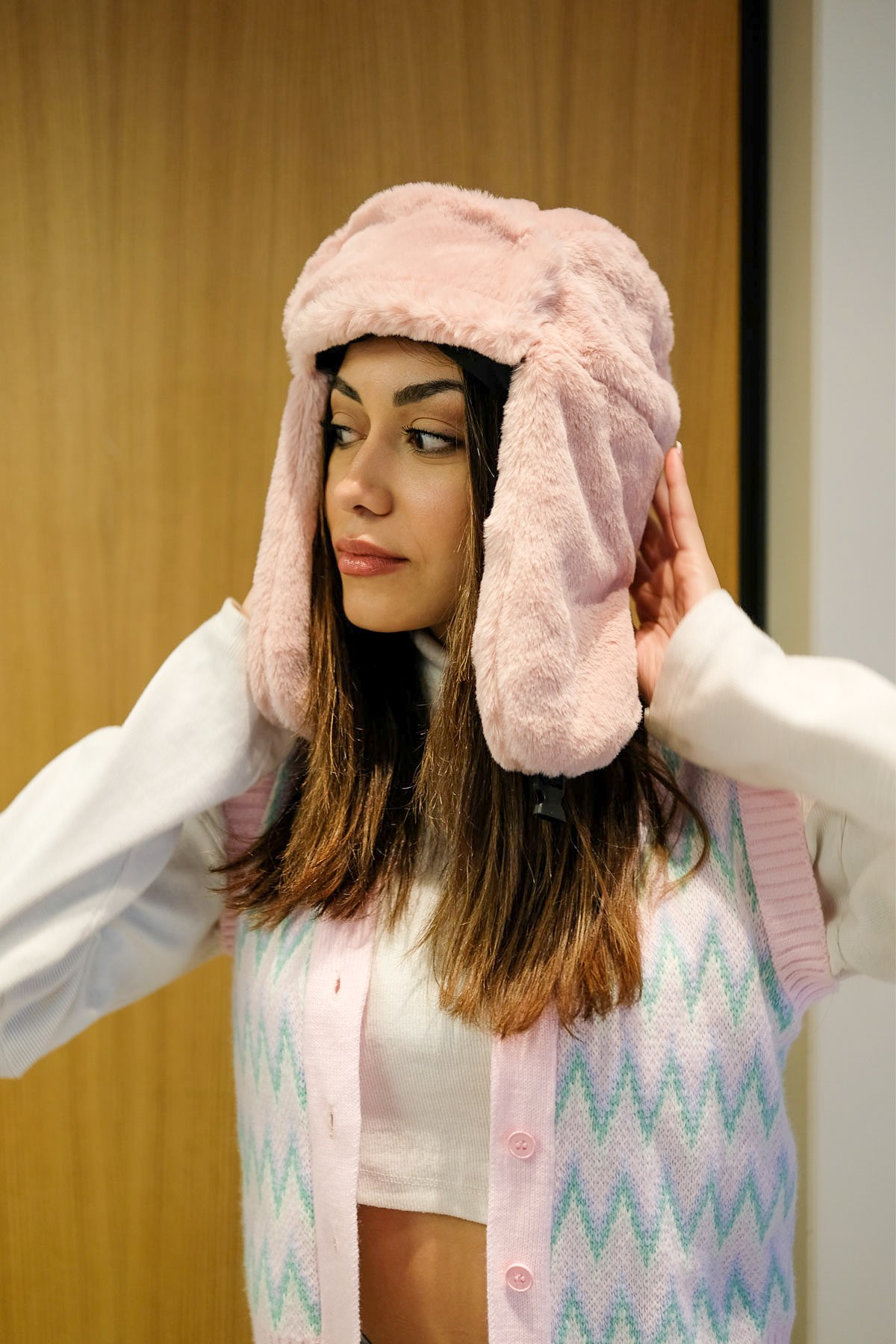 C&City Peluş Trapper Şapka 8002 Yeşil Dusty Rose