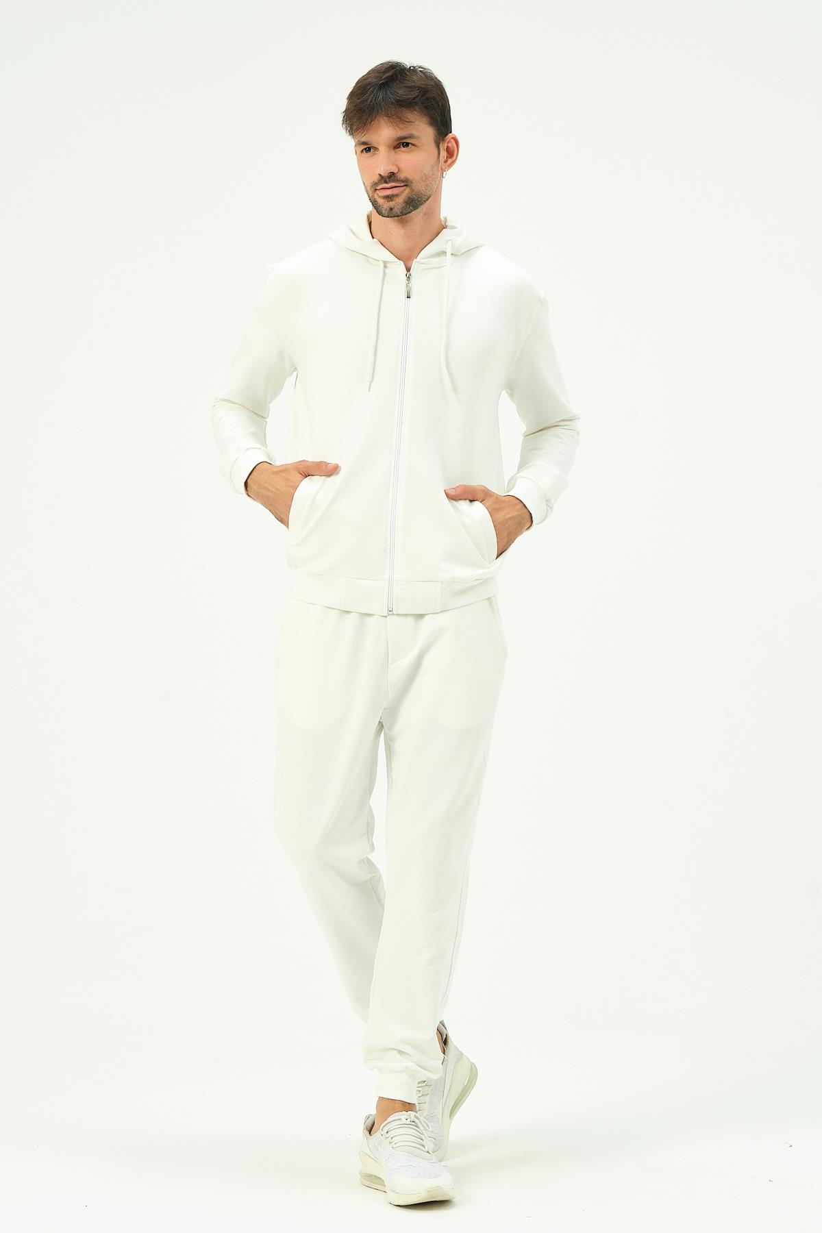 C&City Men Hooded Front Zippered Cuffed Leg Tracksuit 8702 Ecru