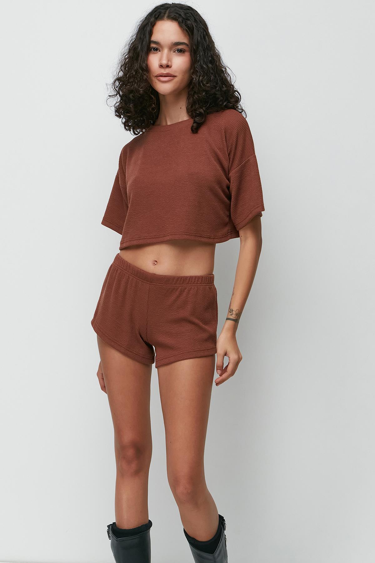 C&City Ribbed Short Sleeve T-Shirt Shorts Set 9137 Brown