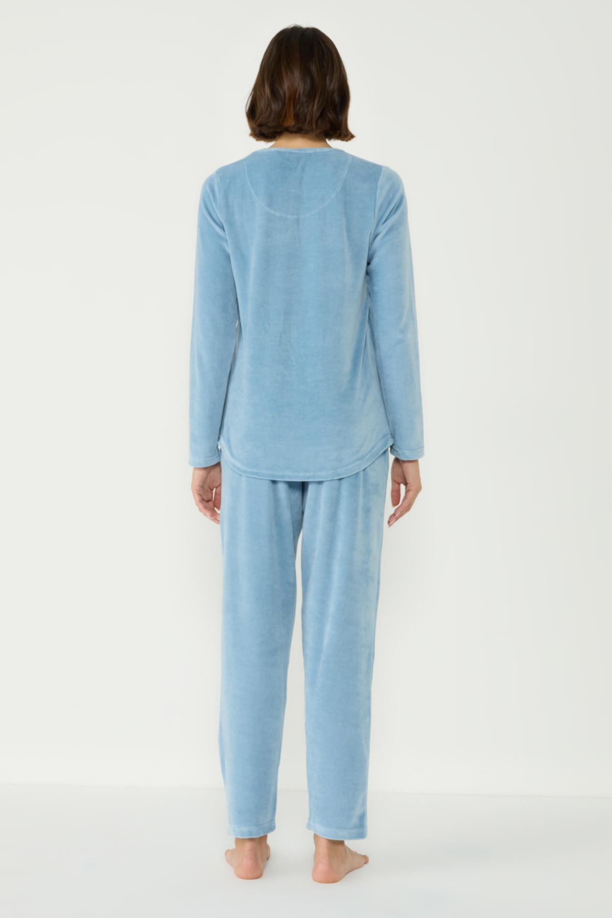 Kadife Bisiklet Yaka Uzun Kol Cepli Pijama Takım 403091 Mavi