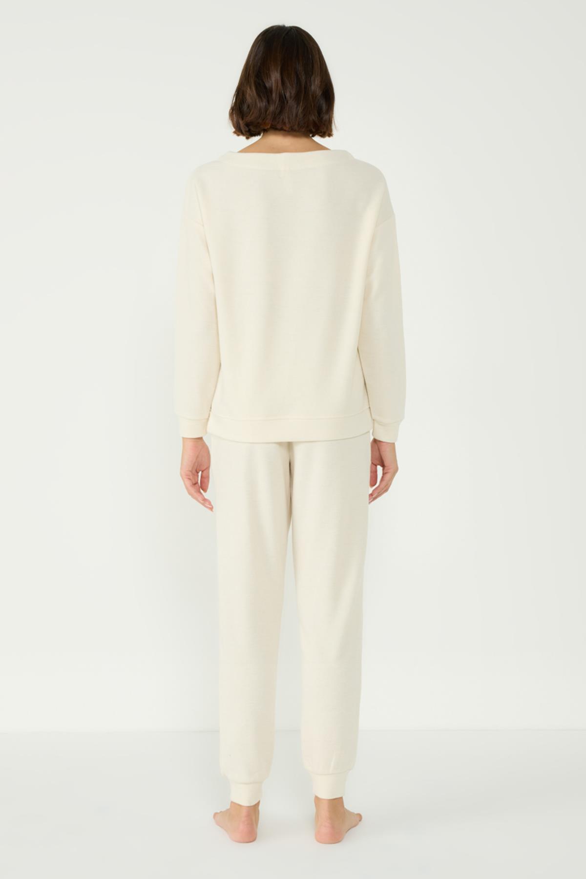 Selanik Yaka Düşük Omuz Uzun Kol Manşetli Cepli Pantolon Takım 405057 Ekru