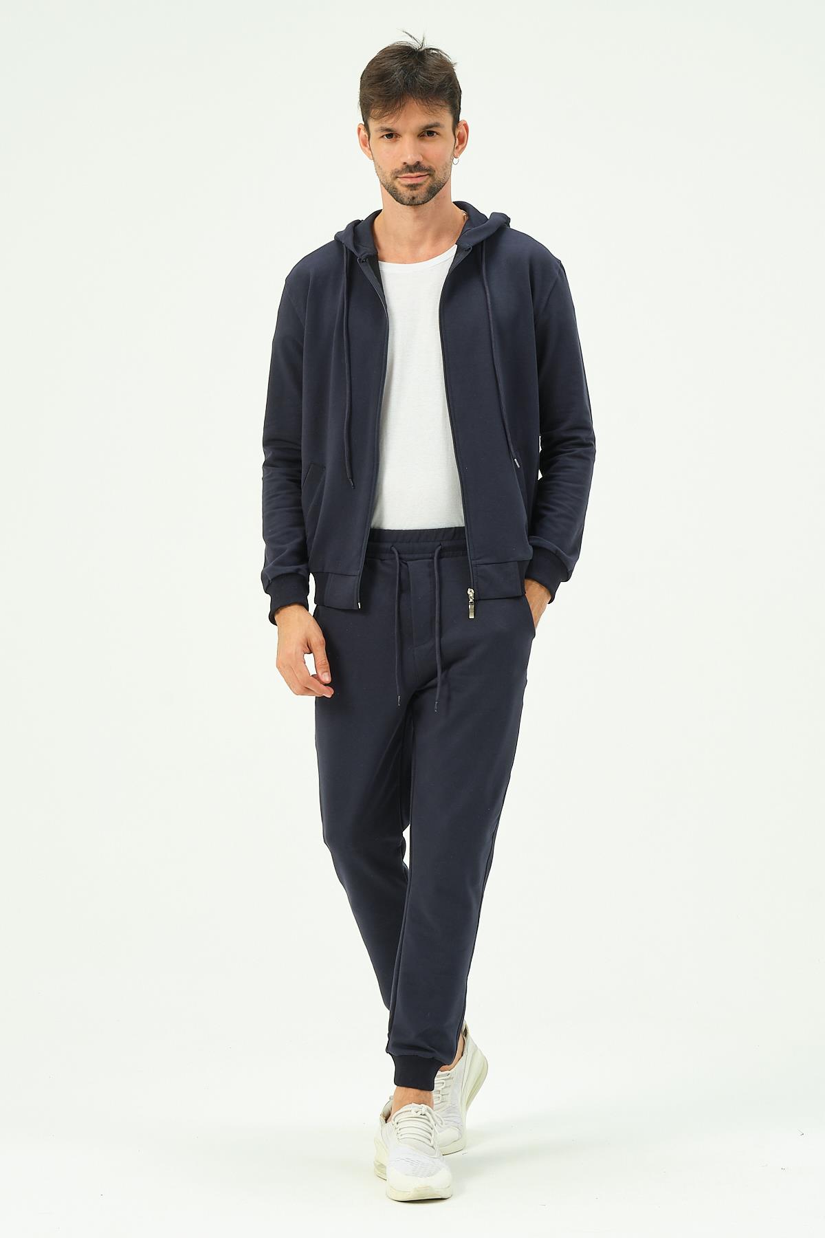 C&City Men Hooded Front Zippered Cuffed Leg Tracksuit 8702 Navy Blue