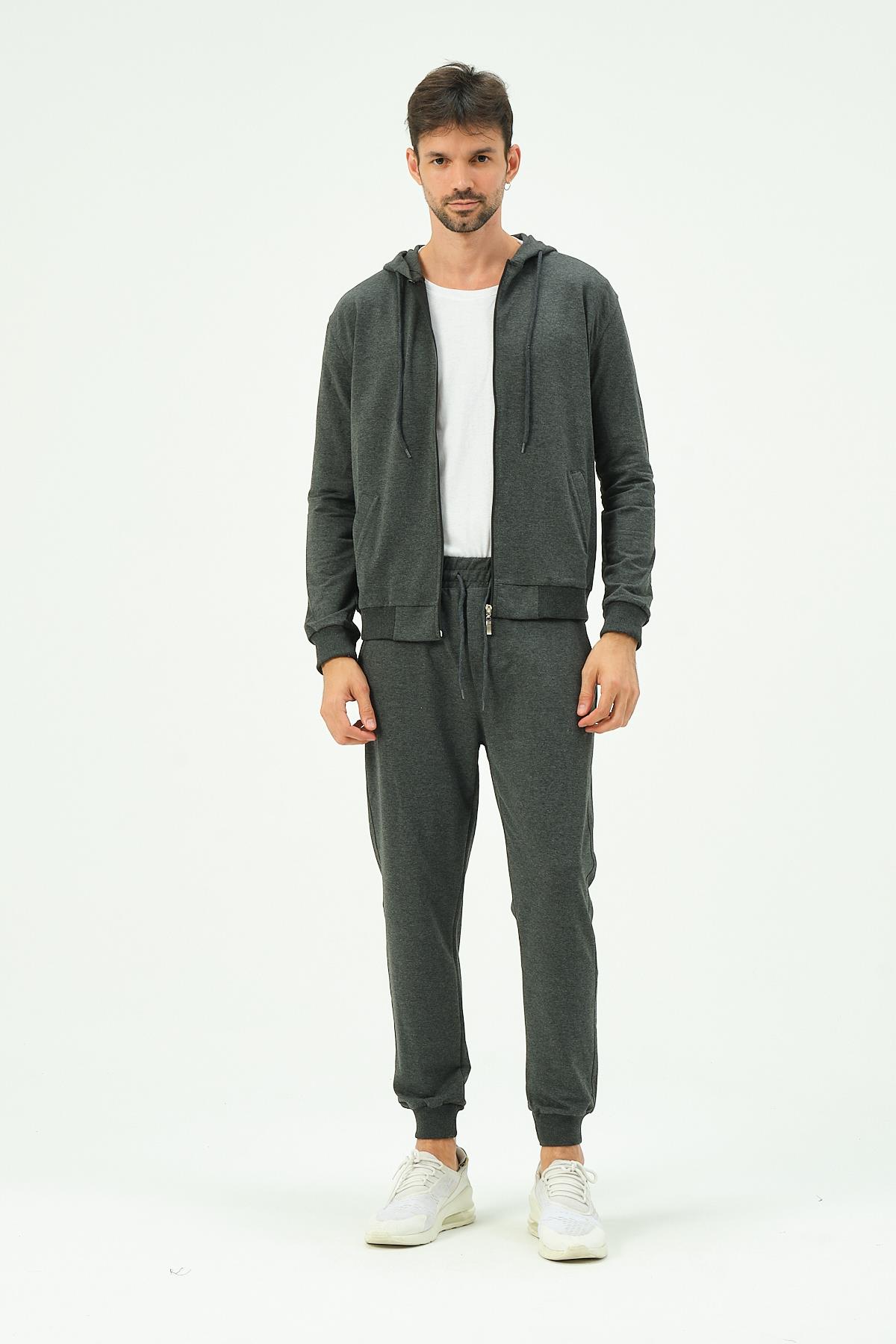 C&City Men Hooded Front Zippered Cuffed Leg Tracksuit 8702 Anthracite