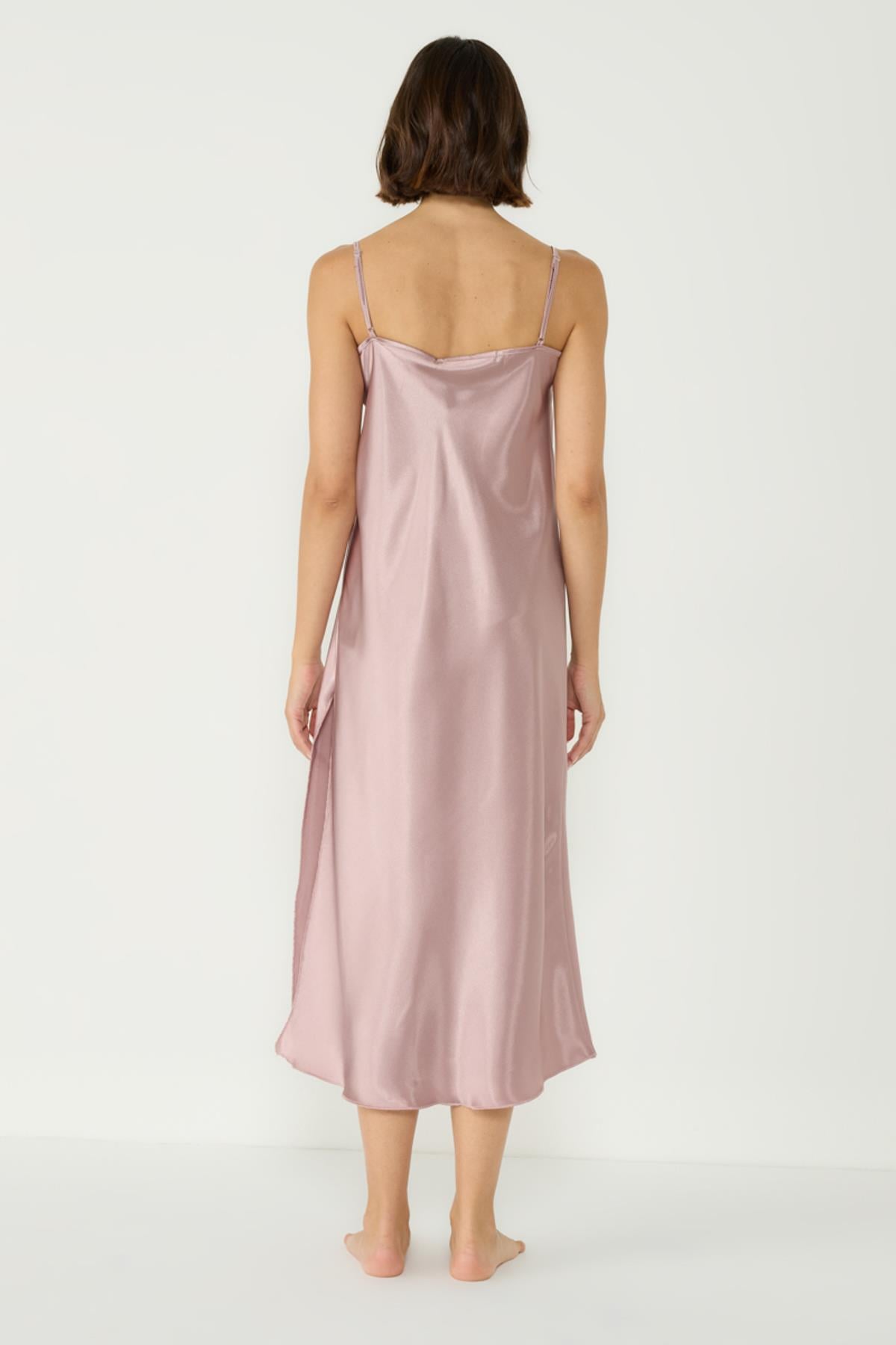 Lace Detail Long Satin Nightwear 007 Mink